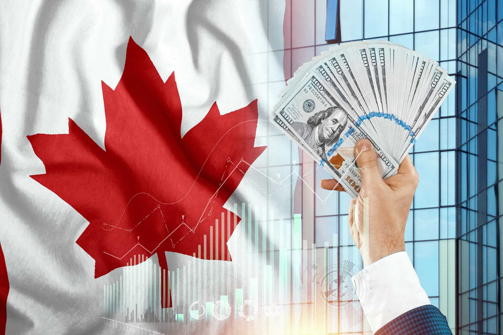 A man is holding money in front of a Canadian flag as part of an Indigenous campground development project in BC.