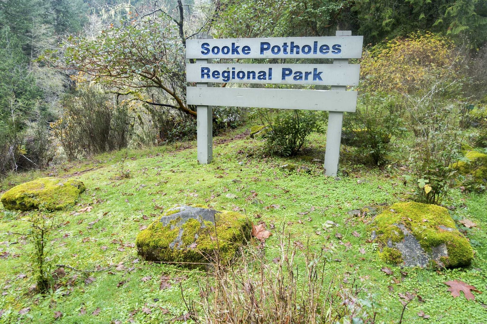 A sign that reads "Sooke District Regional Park - Improving Sooke Potholes".