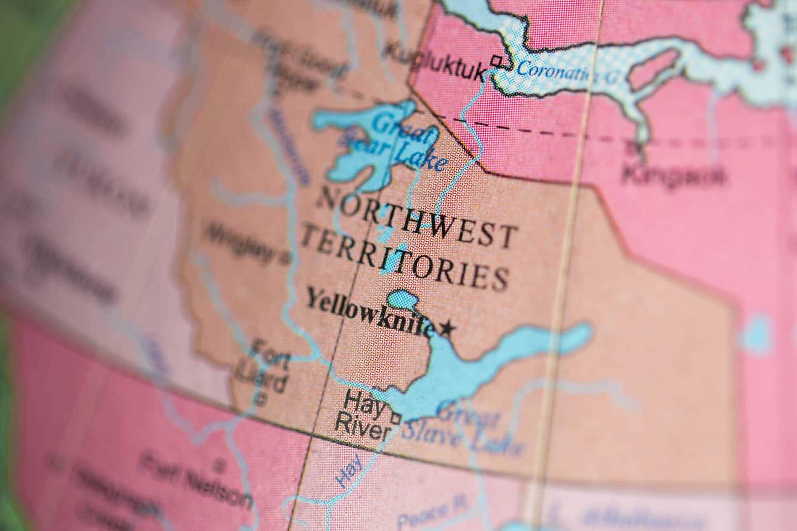 A close up of a map of Canada displaying the Northwest Territories.