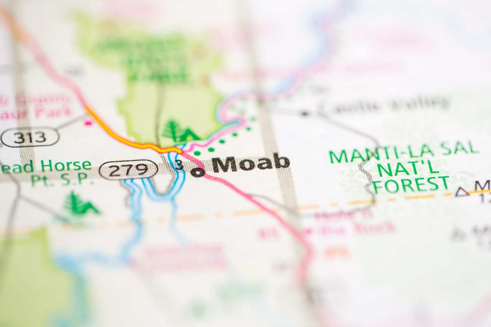 A close up of a map depicting the city of Moob in Utah.