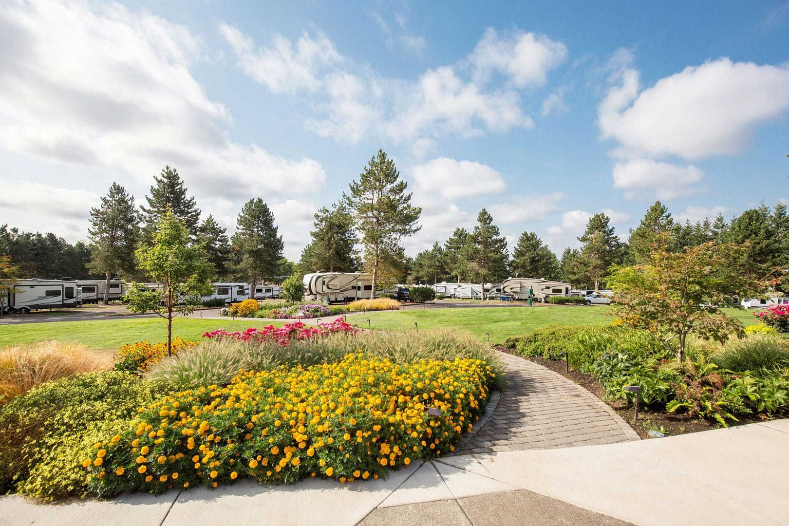 Rv park with flowers and trees in the background, surrounded by serene nature and vibrant colors.