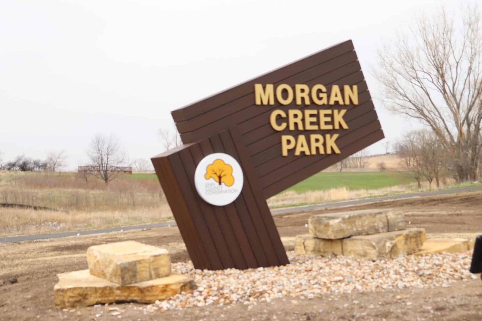 Morgan Creek Park, with recent upgrades and a prominent sign.