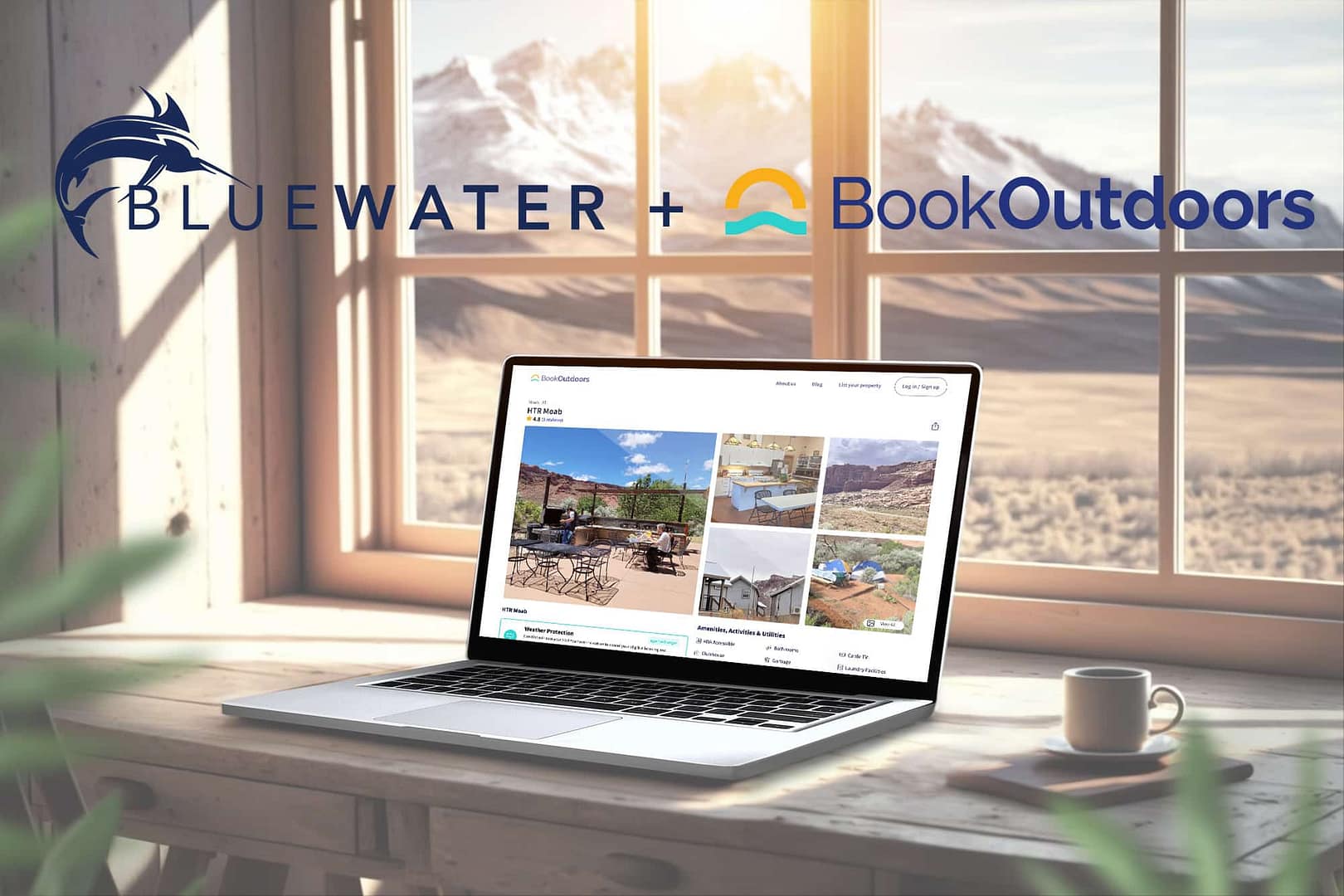 A laptop with the Blue Water logo in front of a window.