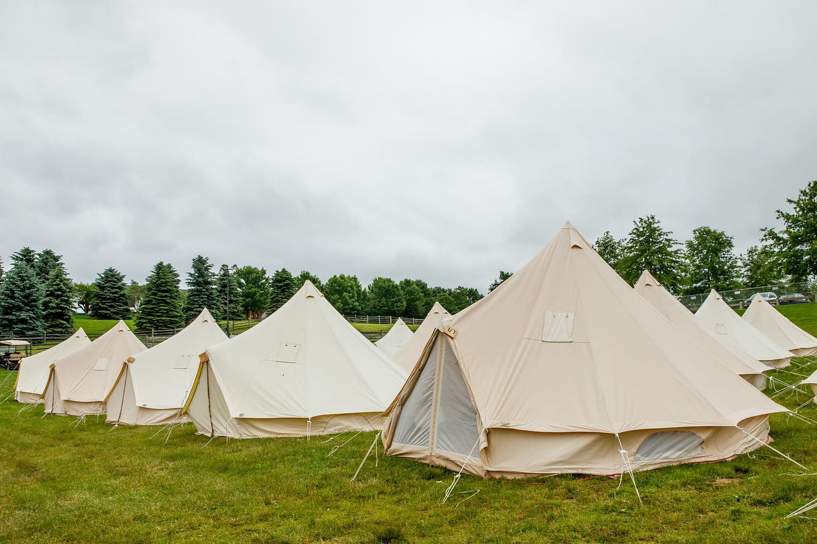 A group of upscale campground tents set up in a grassy field.