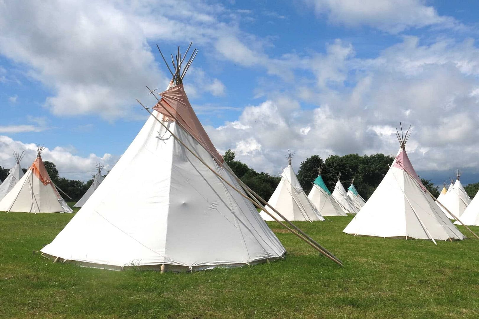 A group of white teepees on a grassy field in Herefordshire, offering unique glamping experiences.