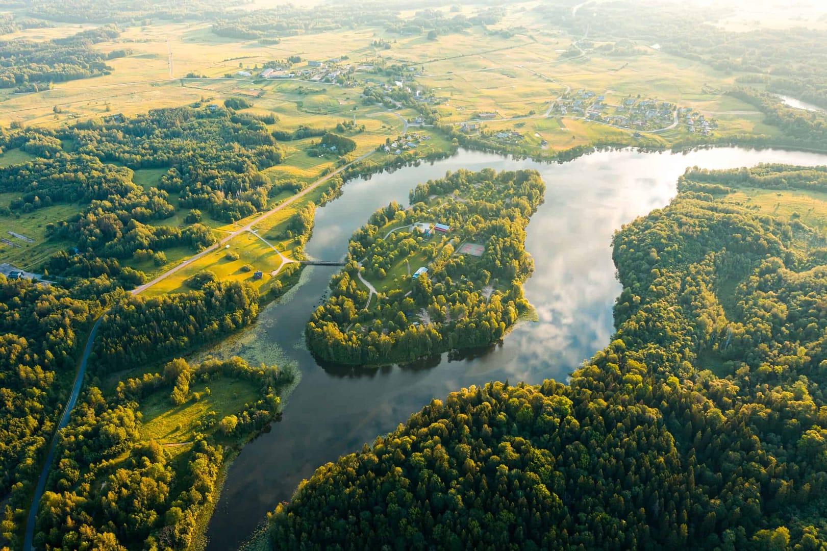 An aerial view of a forest and river.