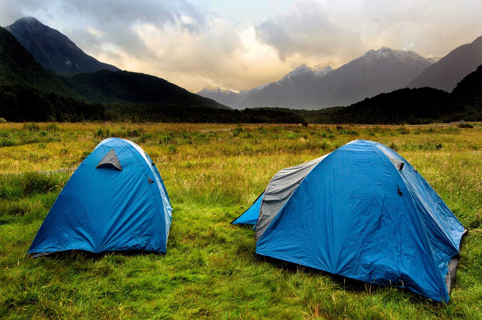 Two tents set up in a grassy field with mountains in the background, reminding campers of Auckland Council's freedom camping regulations.