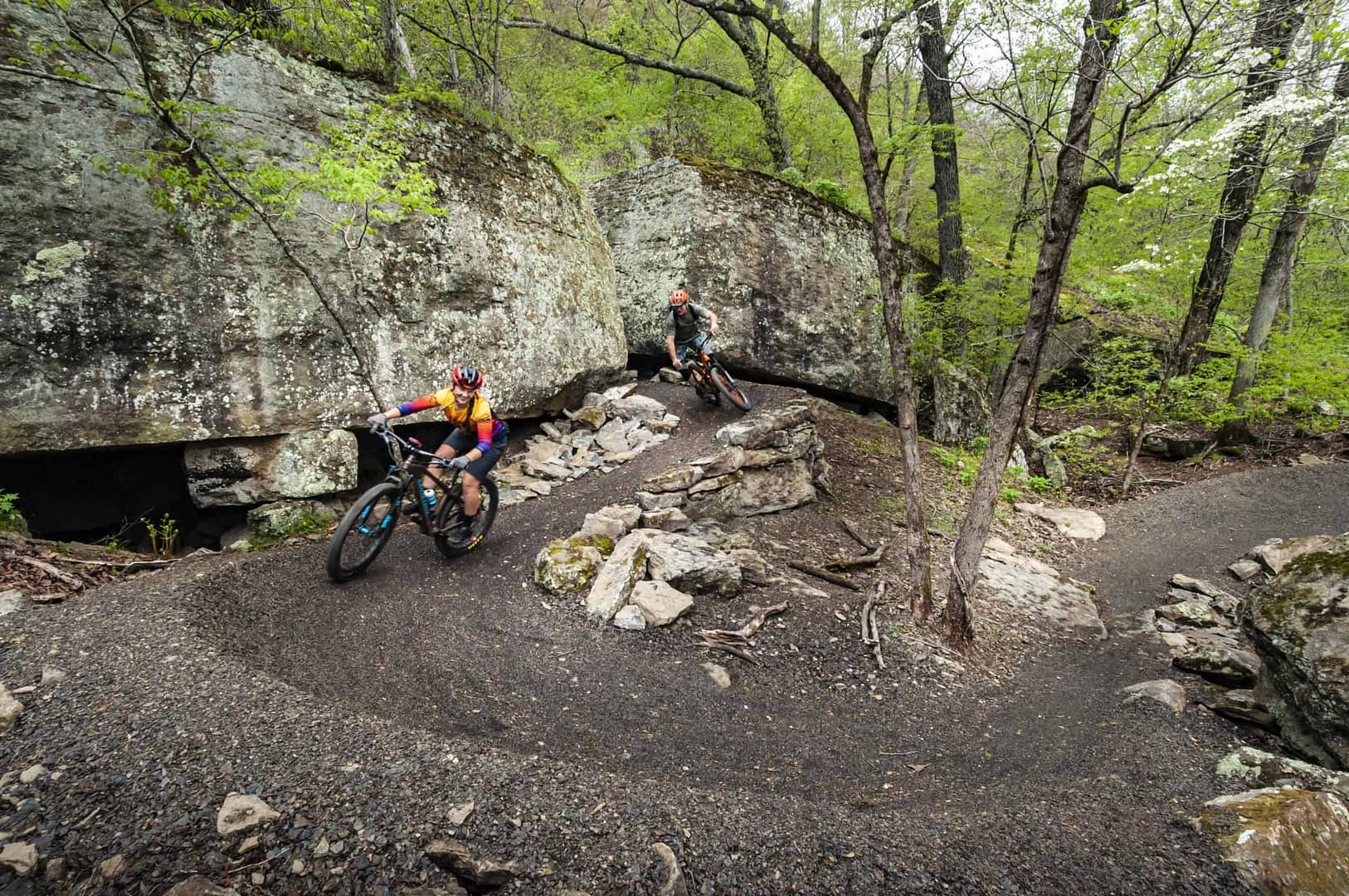 Two mountain bikers riding down a trail in Devil's Den State Park.