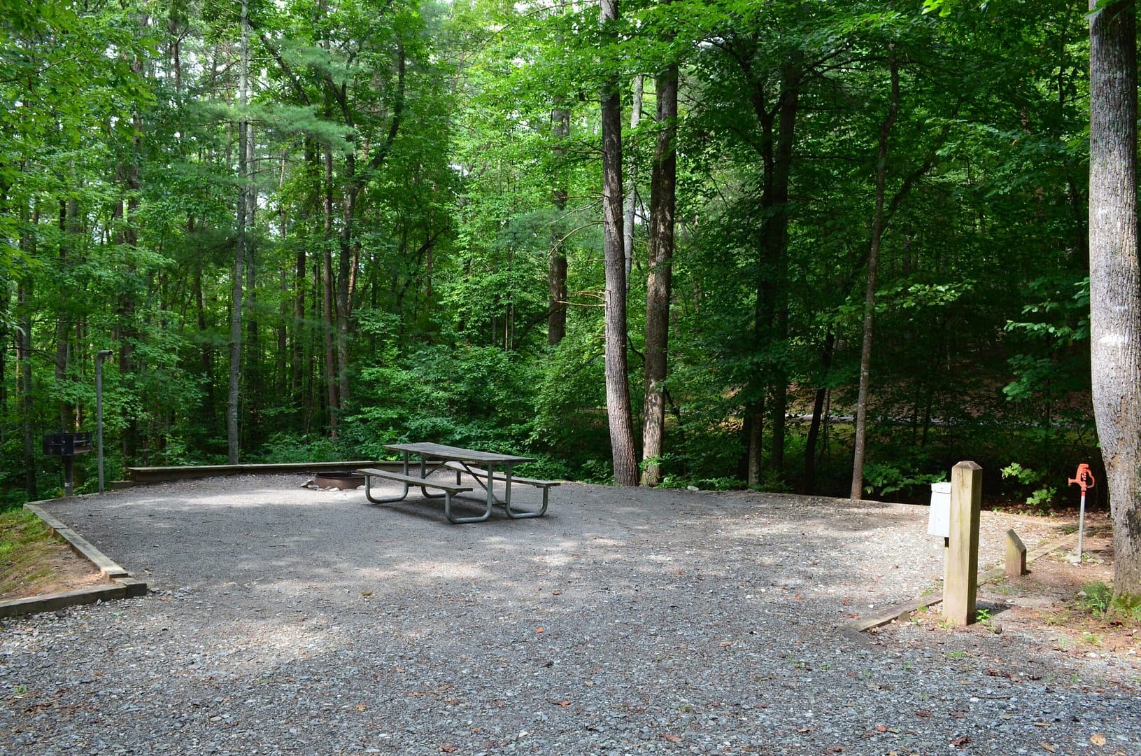 A picnic area in Warrior Creek Campground, nestled in a wooded area.