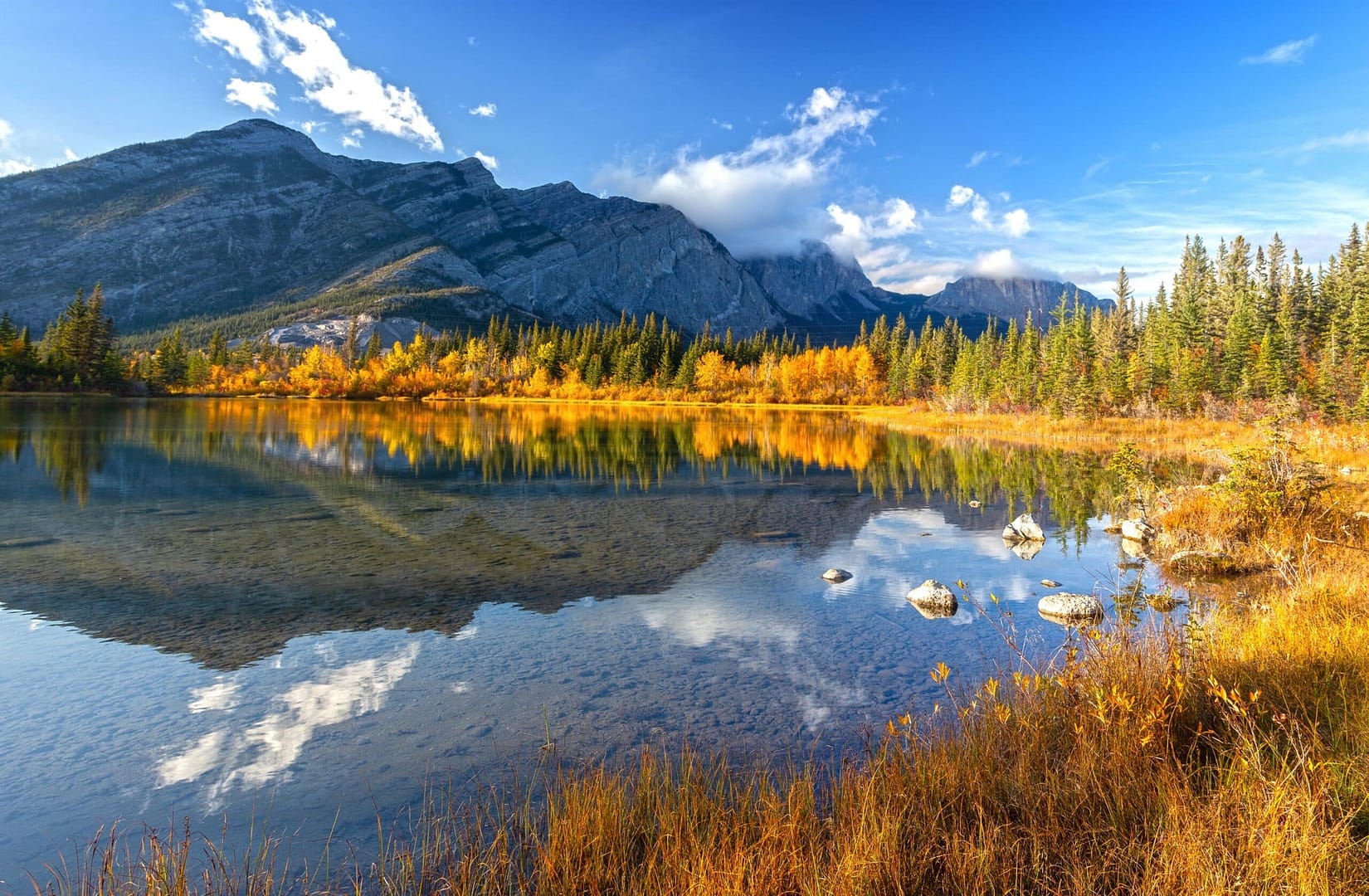 A lake surrounded by mountains and trees in autumn, featured on the new Alberta Parks camping reservation website.