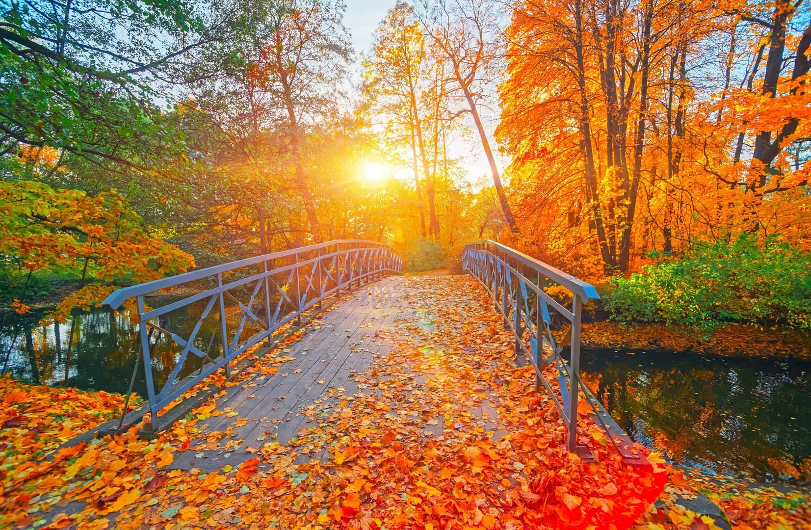 A upgraded bridge over a river in an autumn park managed by Parks Canada.