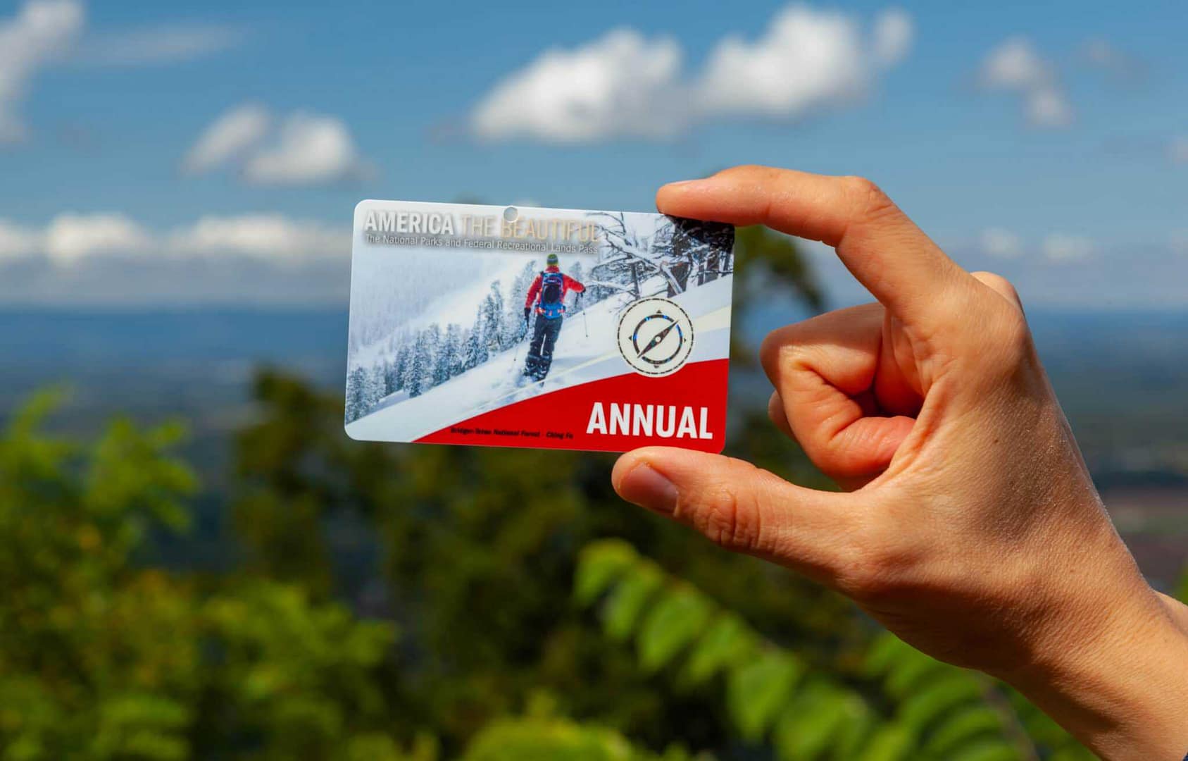 A person holding up a card with a skier on it, representing National Park Visitors.