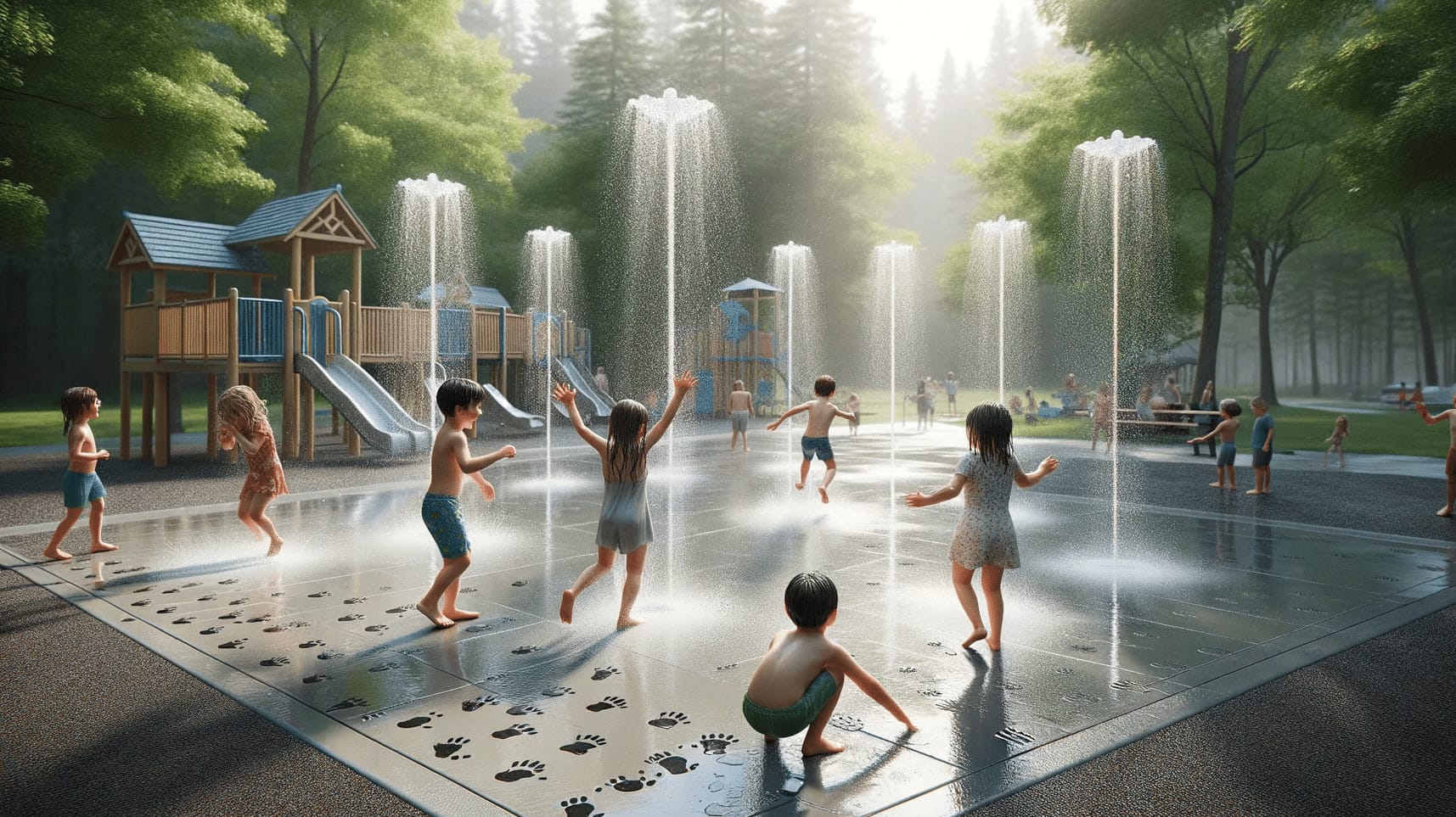A group of children playing in a modern water park with robust security measures.