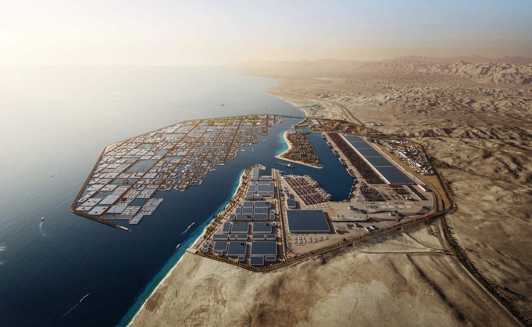 An aerial view of an industrious city nestled in the middle of the desert.
