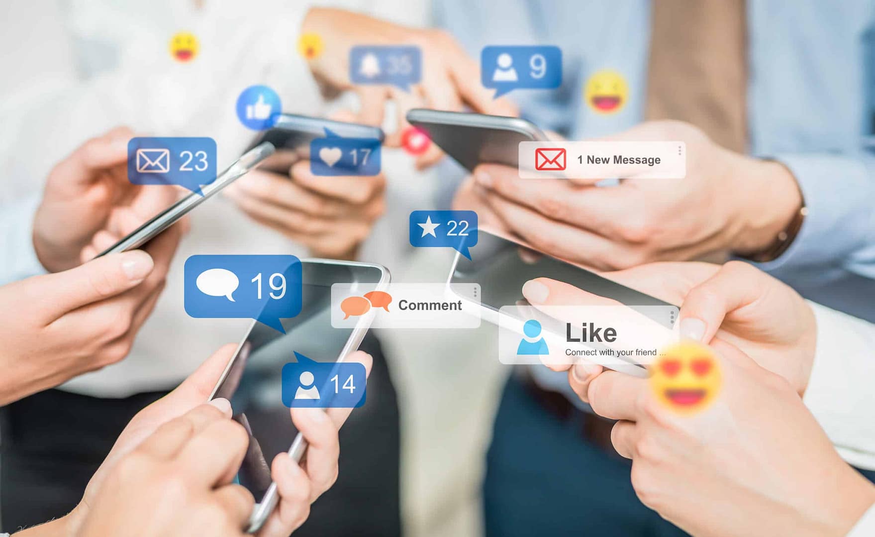 Several people are holding smartphones with various social media notification icons, including likes, comments, messages, and emojis, showcasing their experiences and active engagement on digital platforms.