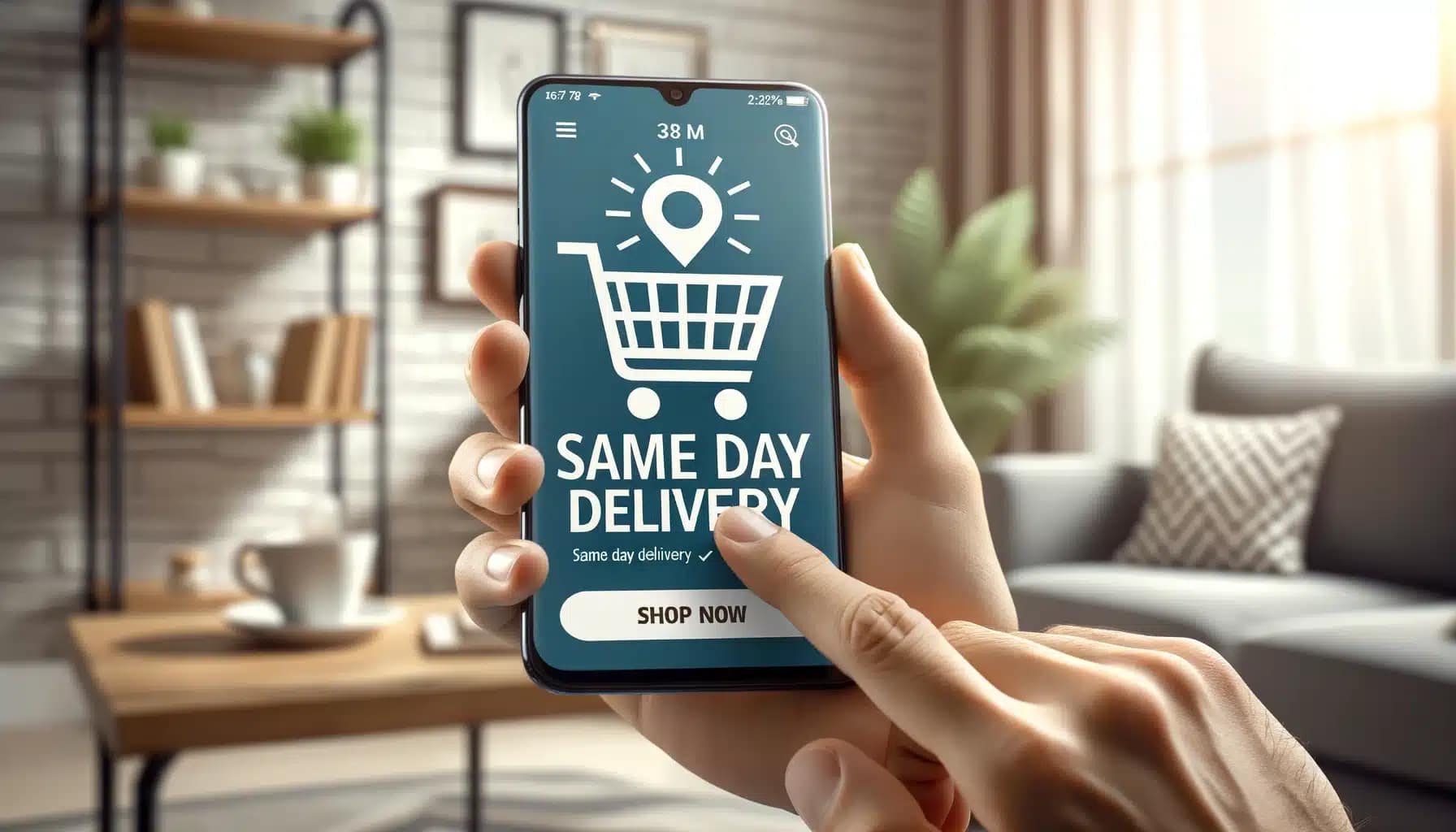 A hand holding a smartphone with the nationwide same-day delivery app on it.