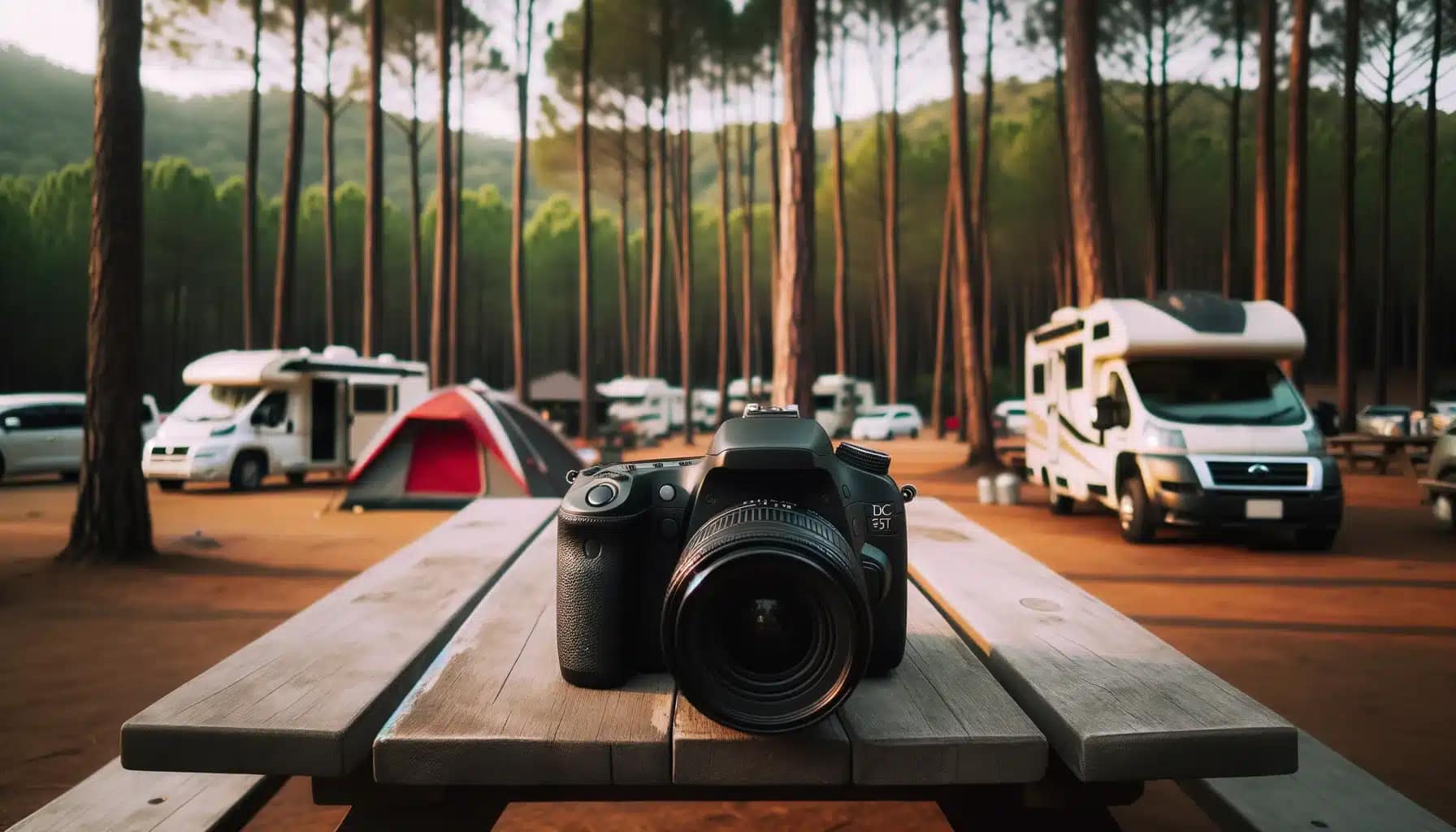 CampSite 360, A camera sits on a picnic table in front of an rv.