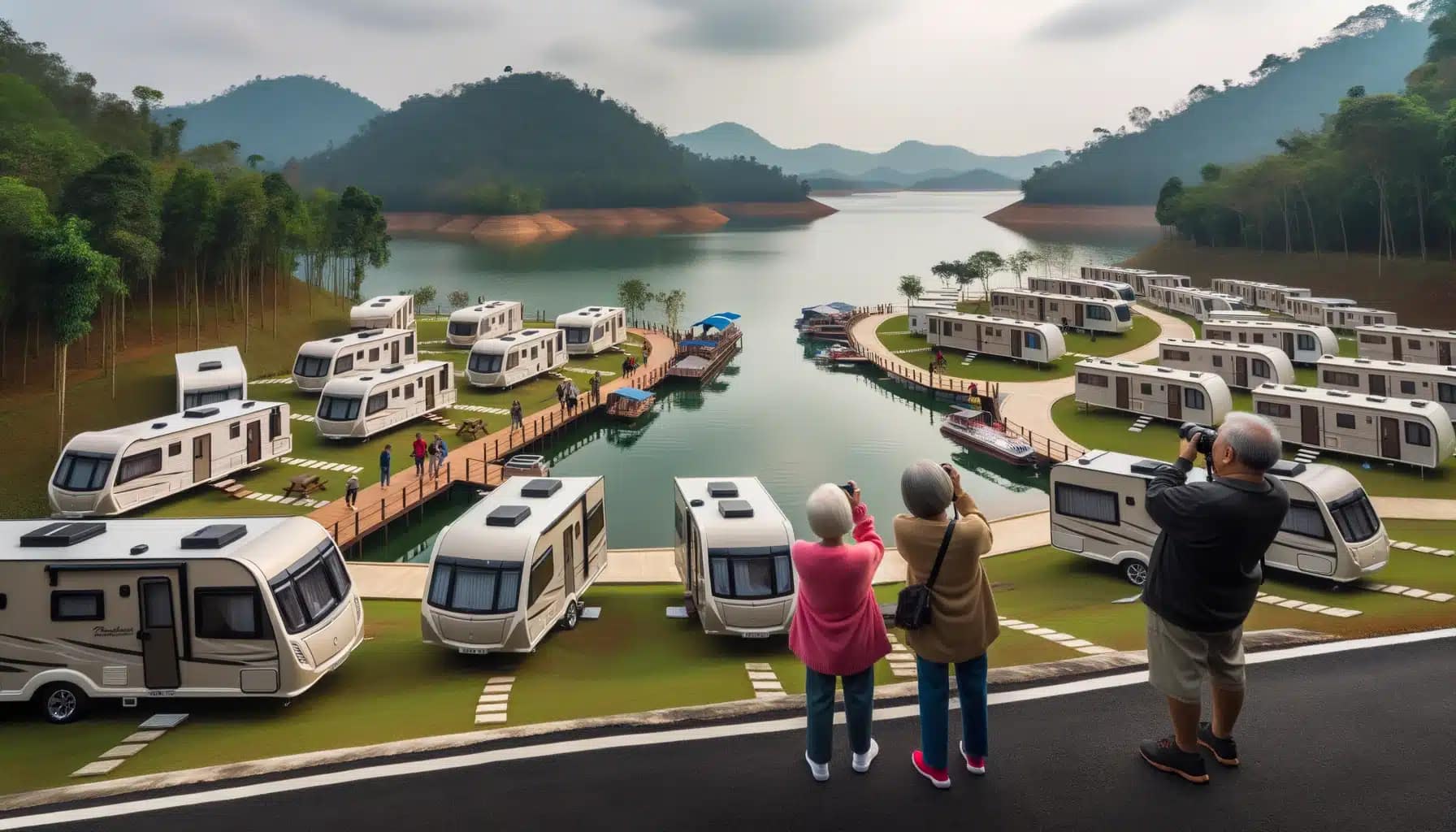 Tradition meets modern comfort as a group of people gaze at a picturesque lake, surrounded by luxurious RVs at Valley Caravan Park.