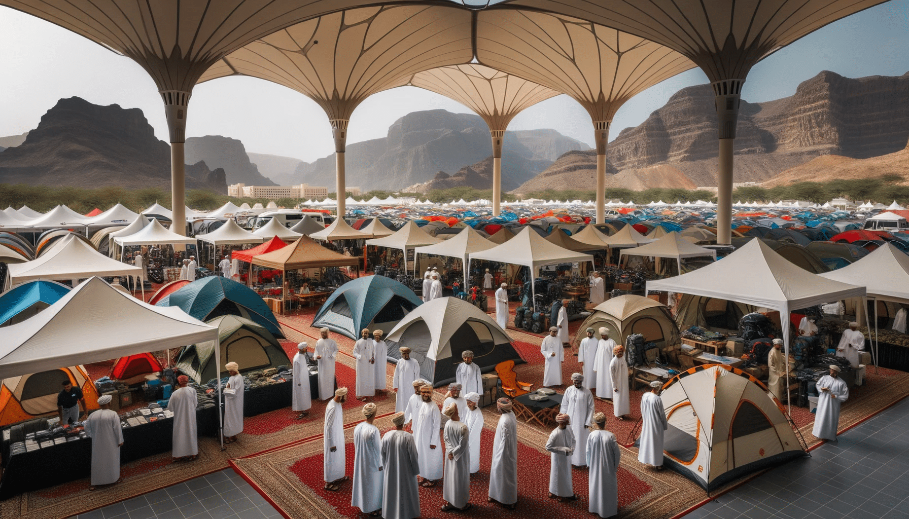 A group of people standing around tents in the desert, holding an Expo event in Oman.
