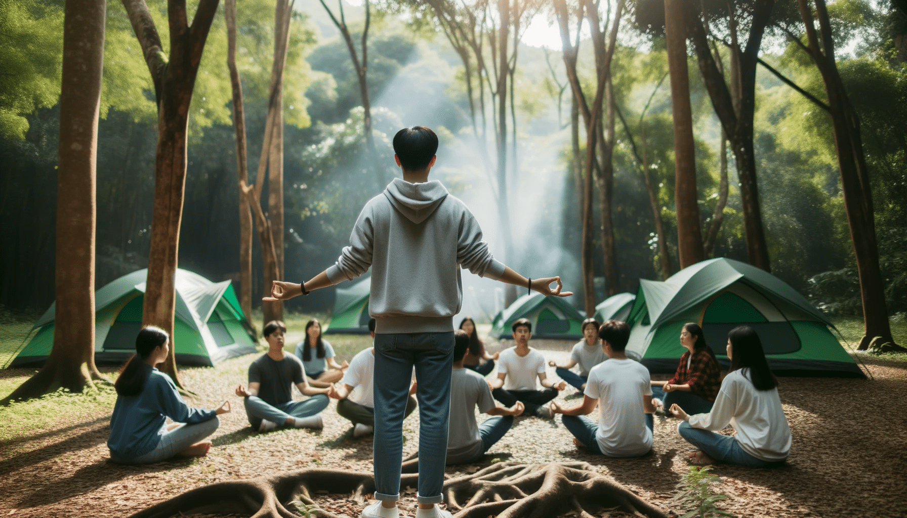 A group of people practicing mindfulness retreat in front of tents located in a peaceful forest setting.