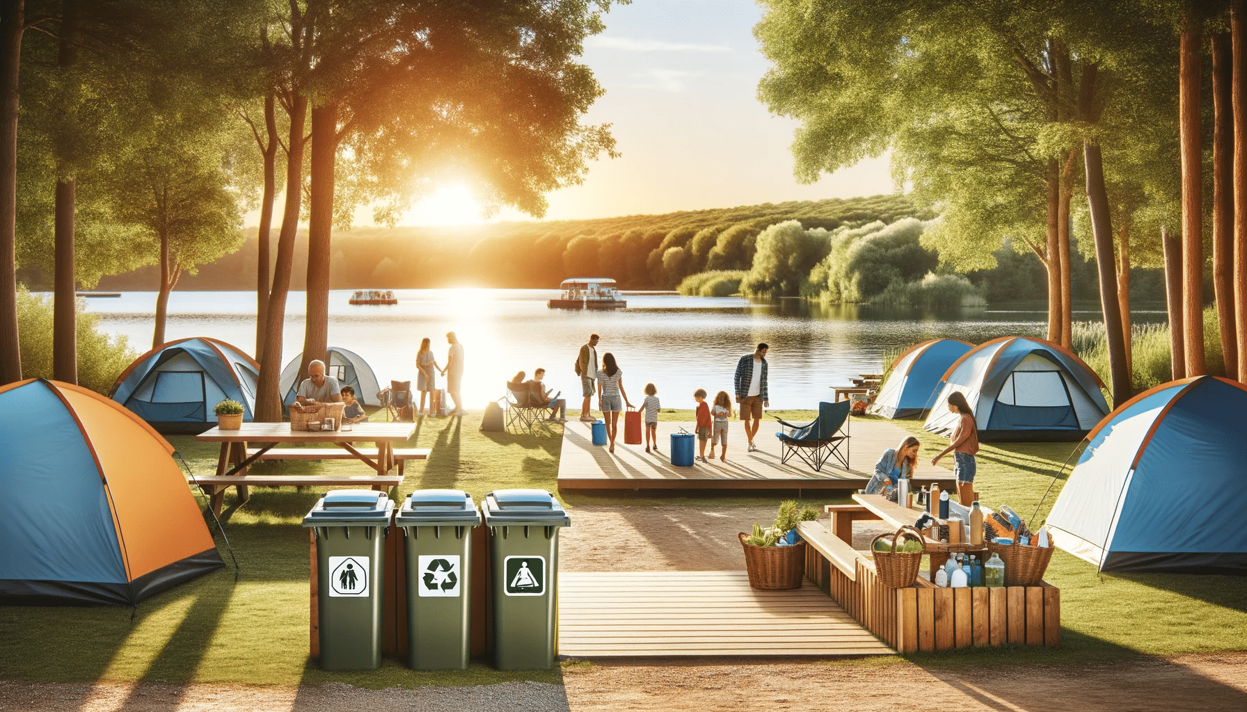 A group of people are camping in a US campground near a lake, prioritizing cleanliness.