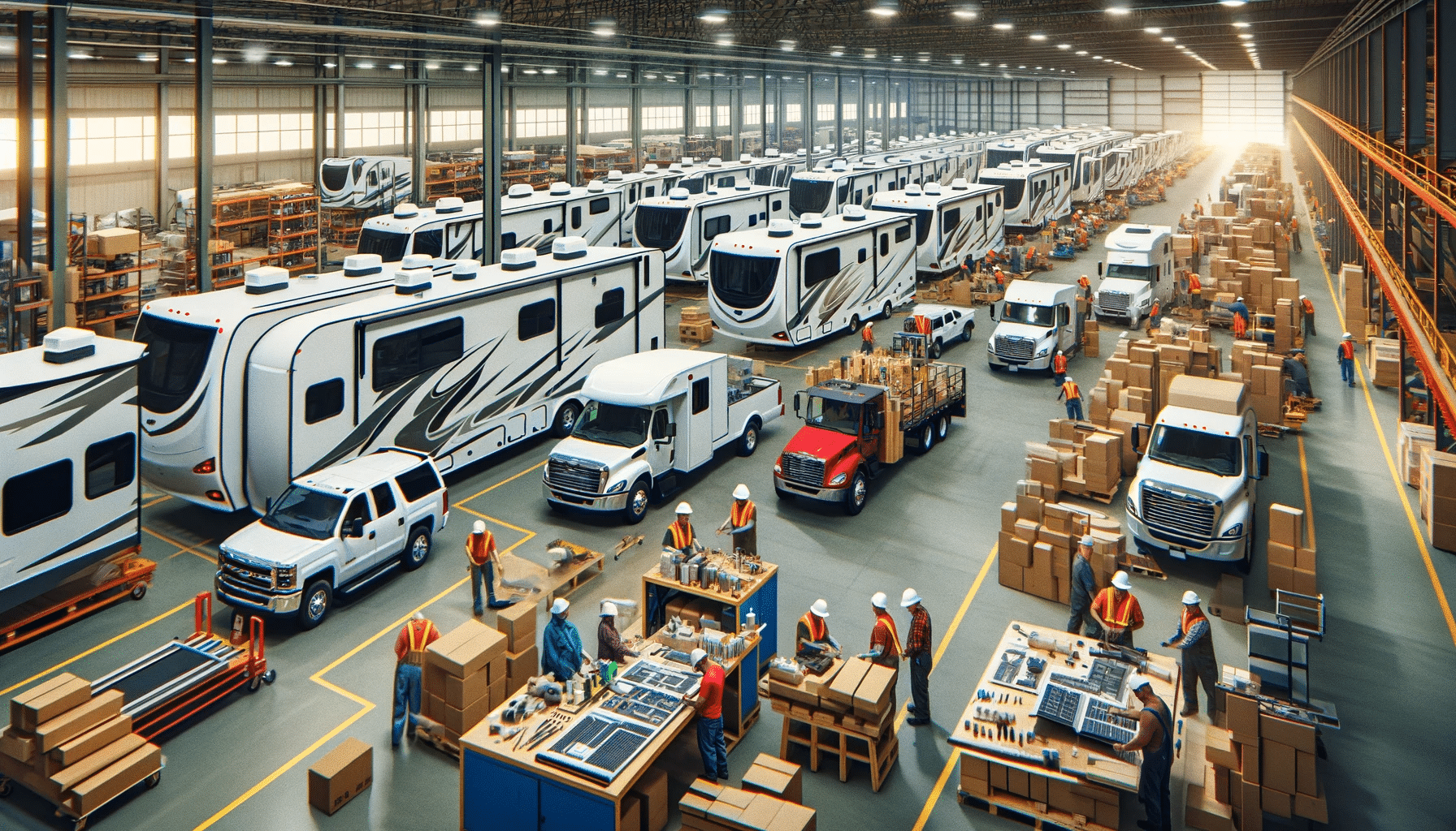 Navigating the RV industry's warehouse, brimming with shipments of rvs and trucks.