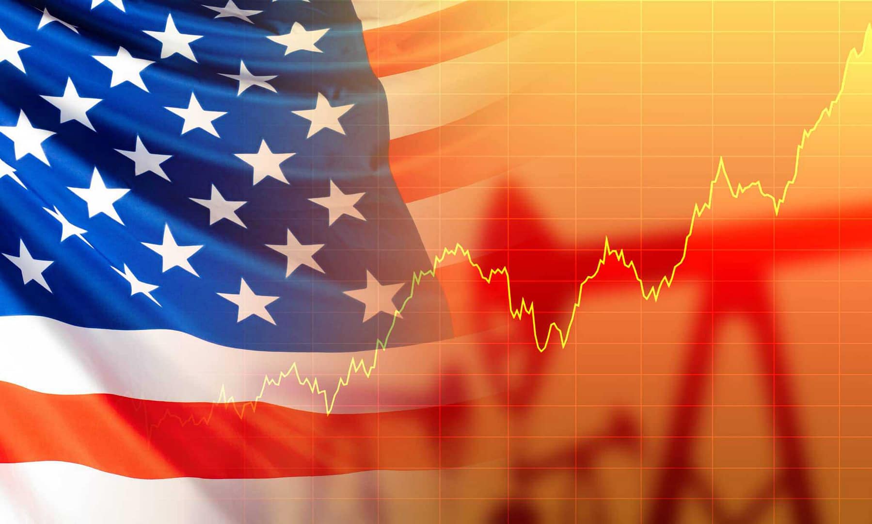 A stock chart depicting the US Economy during the 2020 Recession, with an American flag in the background.
