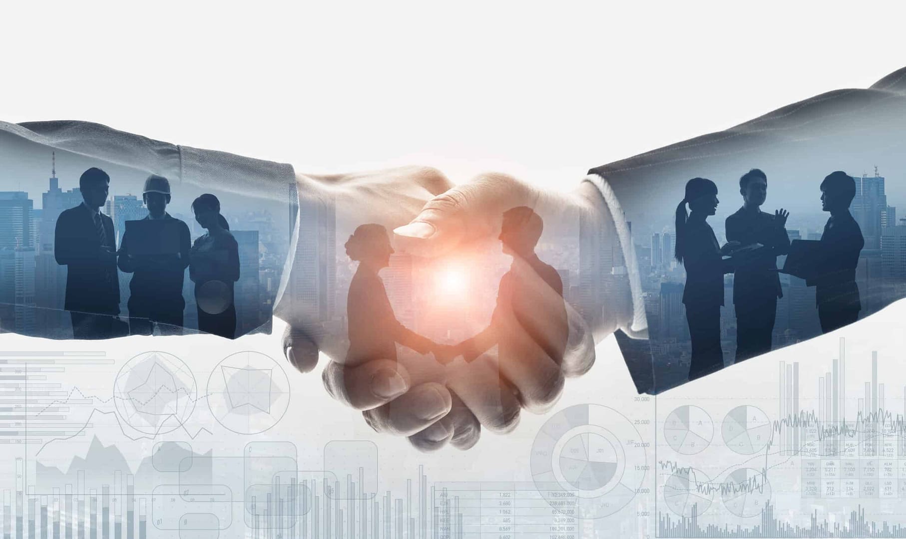 A group of business people shaking hands in front of a Michigan business background.