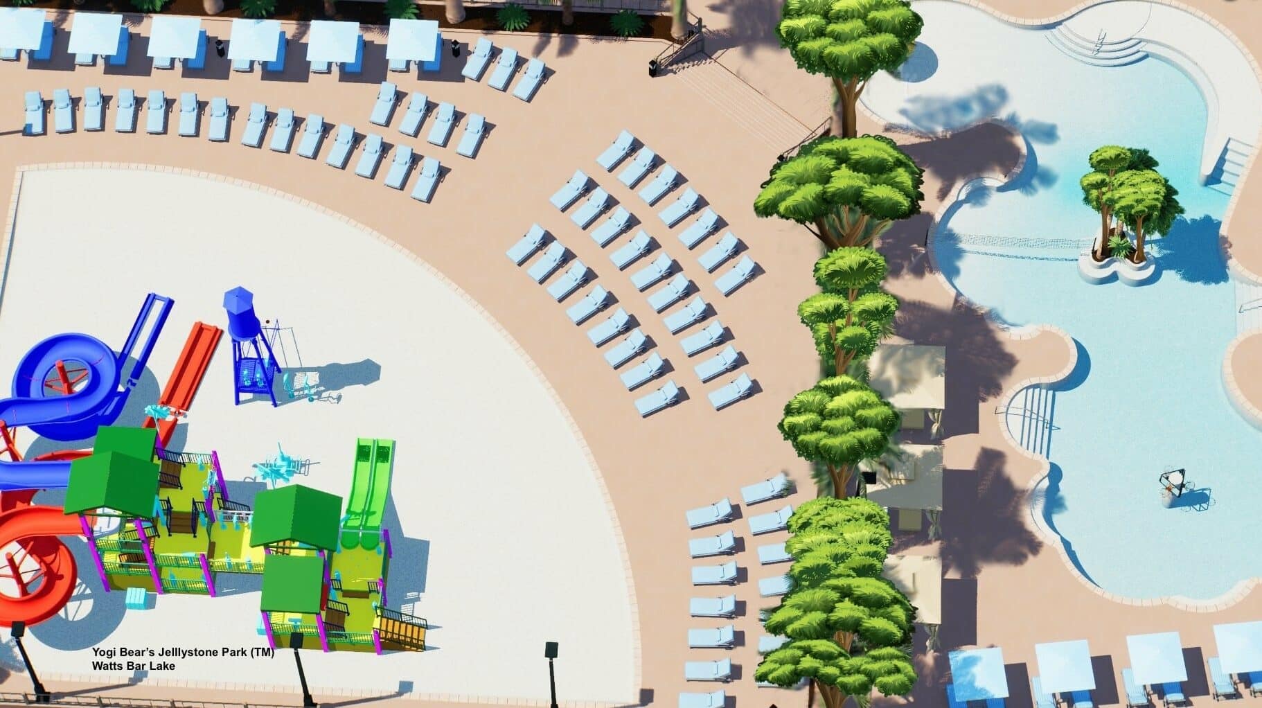 A colorful water park with slides and lounge chairs, viewed from above in an Auto Draft.