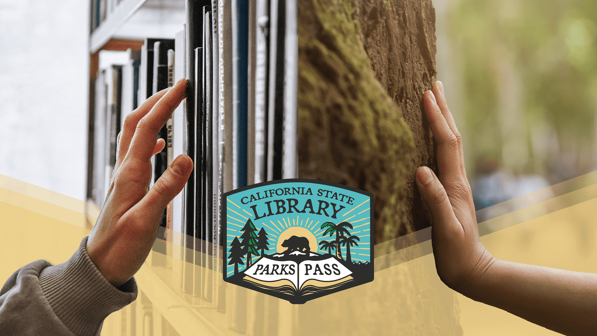 Two hands reaching for a book in a California State Parks library.