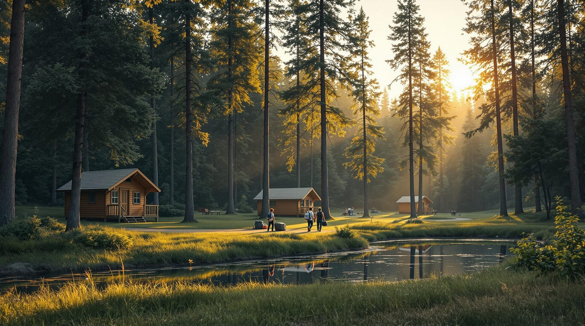 A scenic view of a generic campground at sunset, featuring wooden cabins near a small lake, surrounded by tall trees. A couple of people carry camping gear, bathed in warm, golden sunlight.