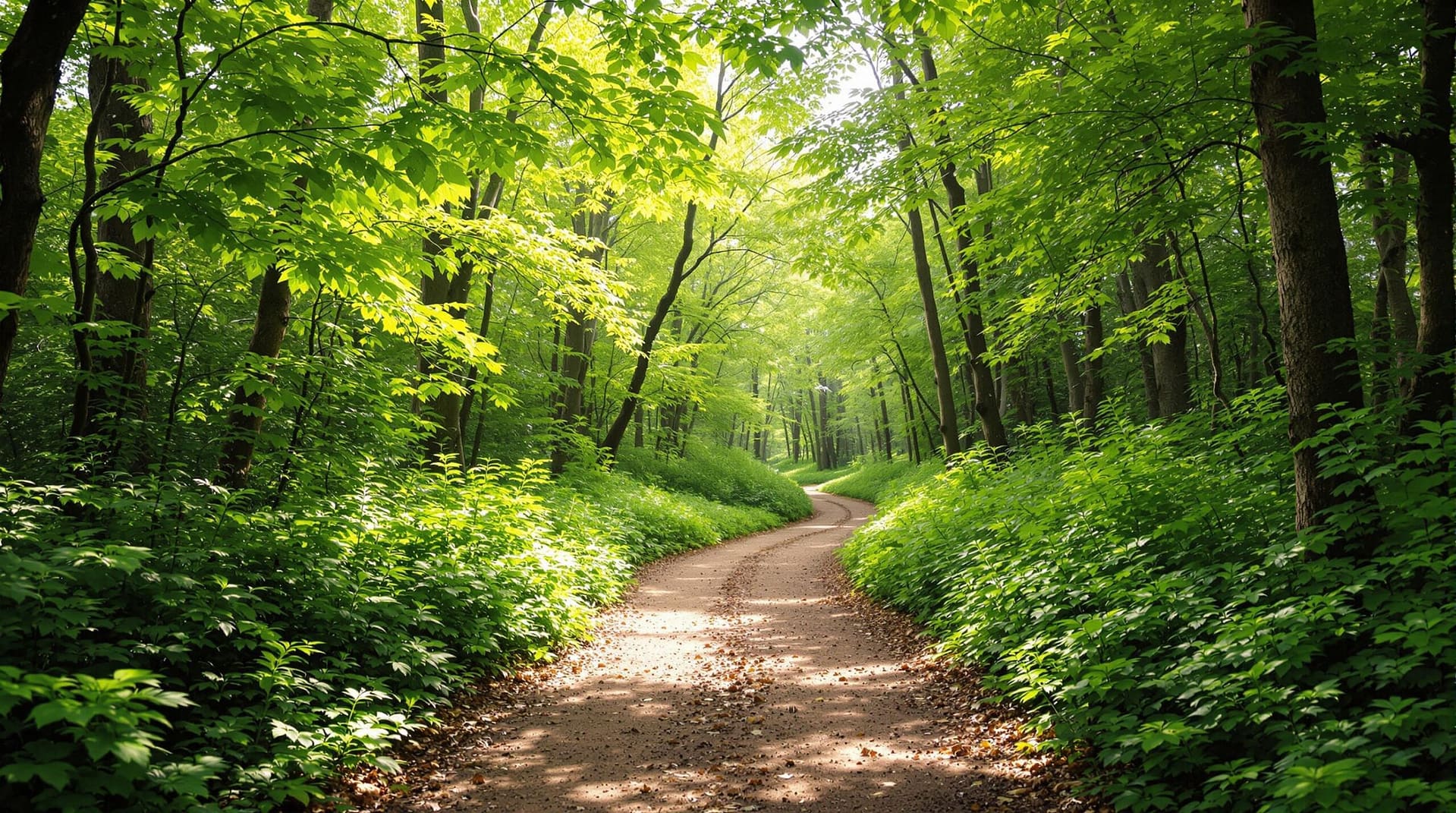 A serene wooded area with a dirt path winding through lush green foliage, soft natural light filtering through the leaves, and a blurred background.
