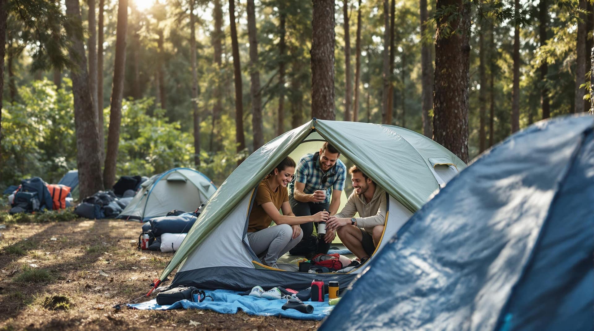 A group of cheerful campers setting up a tent in a generic wooded campsite, surrounded by trees and enjoying the outdoors.