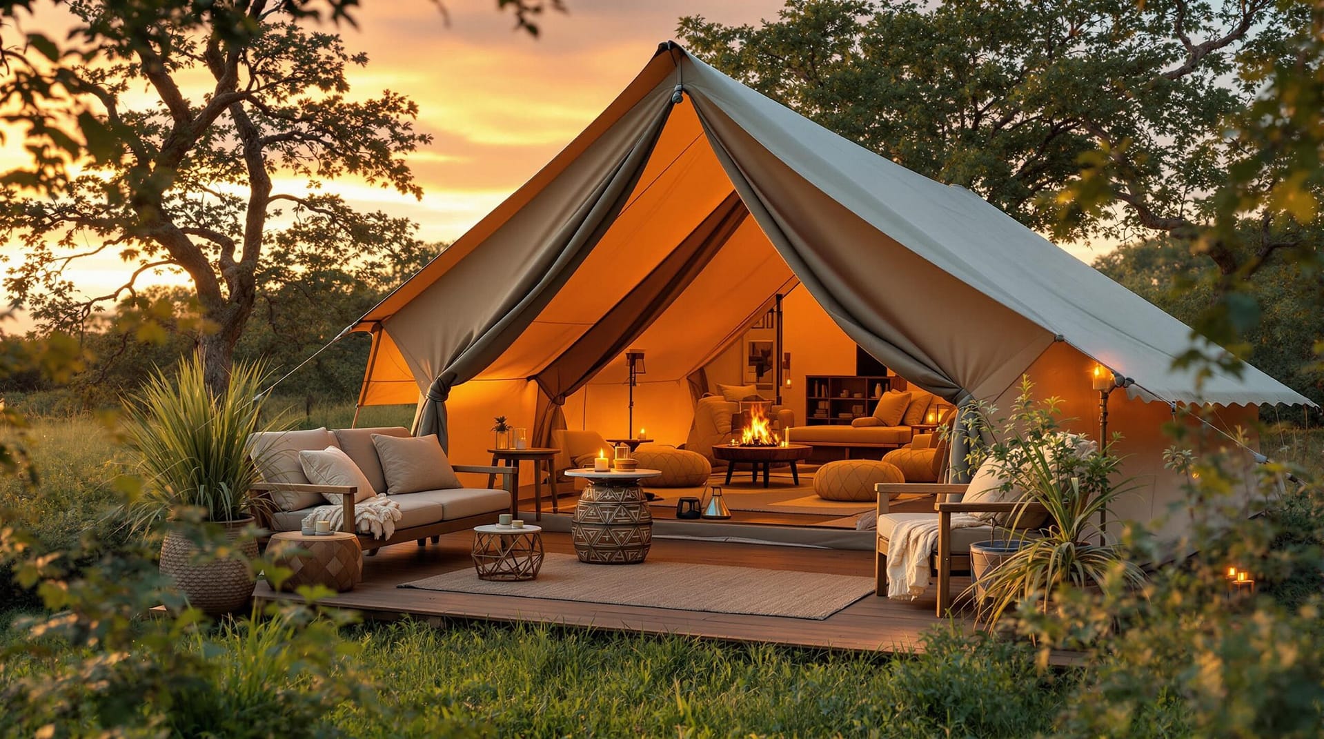 Luxury glamping tent at sunset in safari setting, featuring plush seating and ambient lighting, surrounded by greenery.