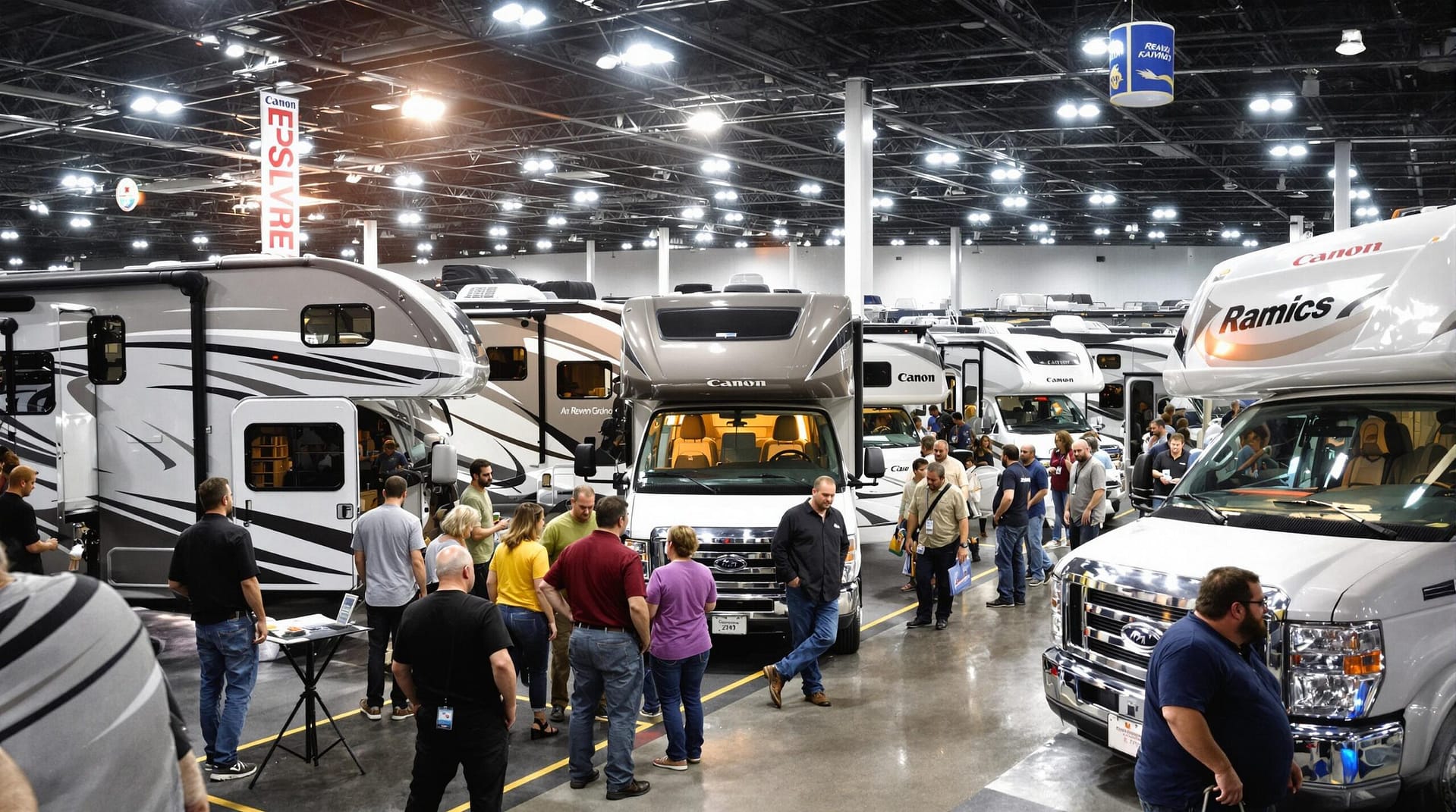 A bustling indoor expo hall filled with people exploring modern RVs and motorhomes under bright lighting, with no visible branding or signage.