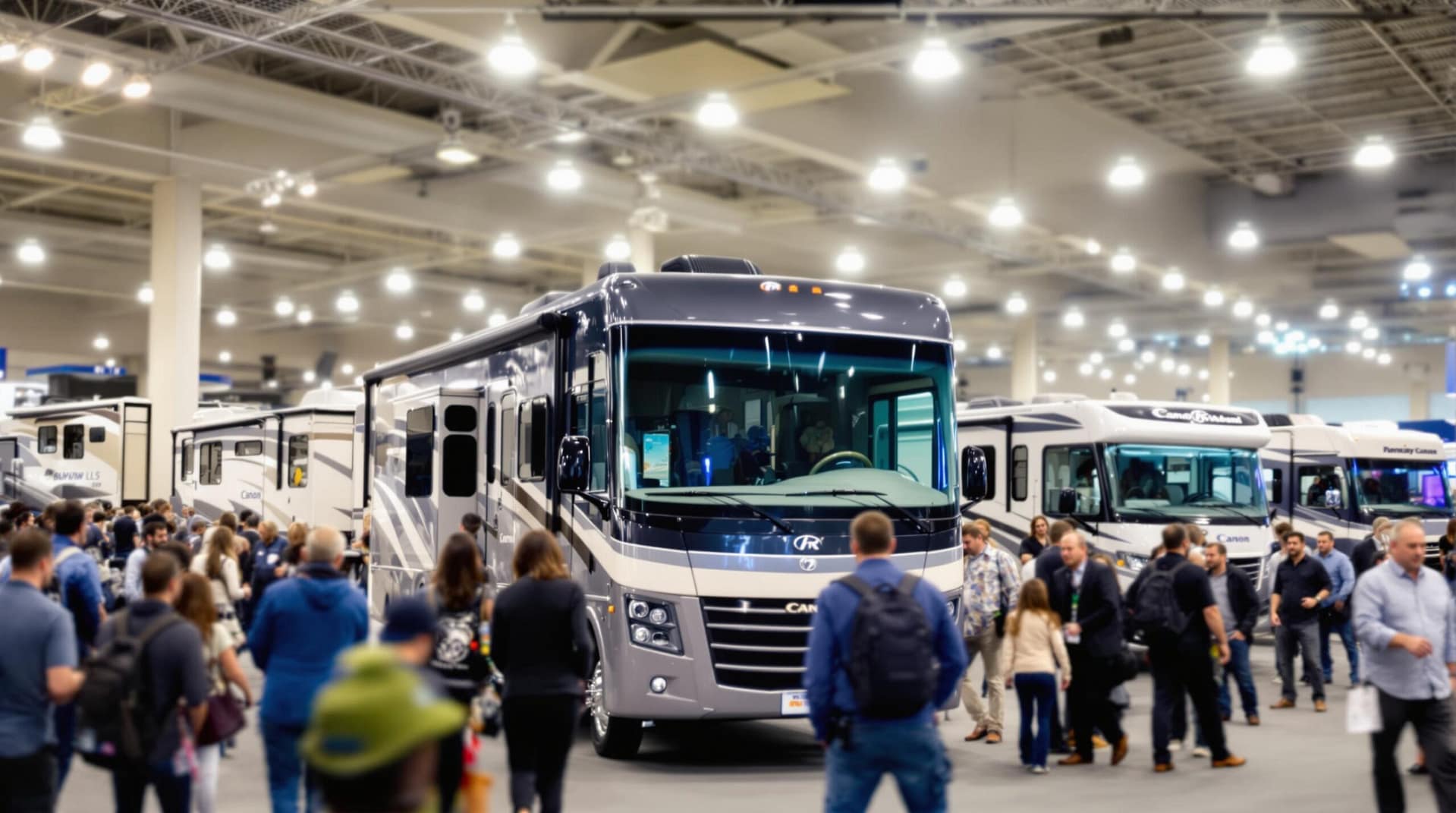 A bustling indoor RV expo with several modern recreational vehicles on display, attendees exploring and conversing in a brightly lit venue, highlighting the event's lively atmosphere.