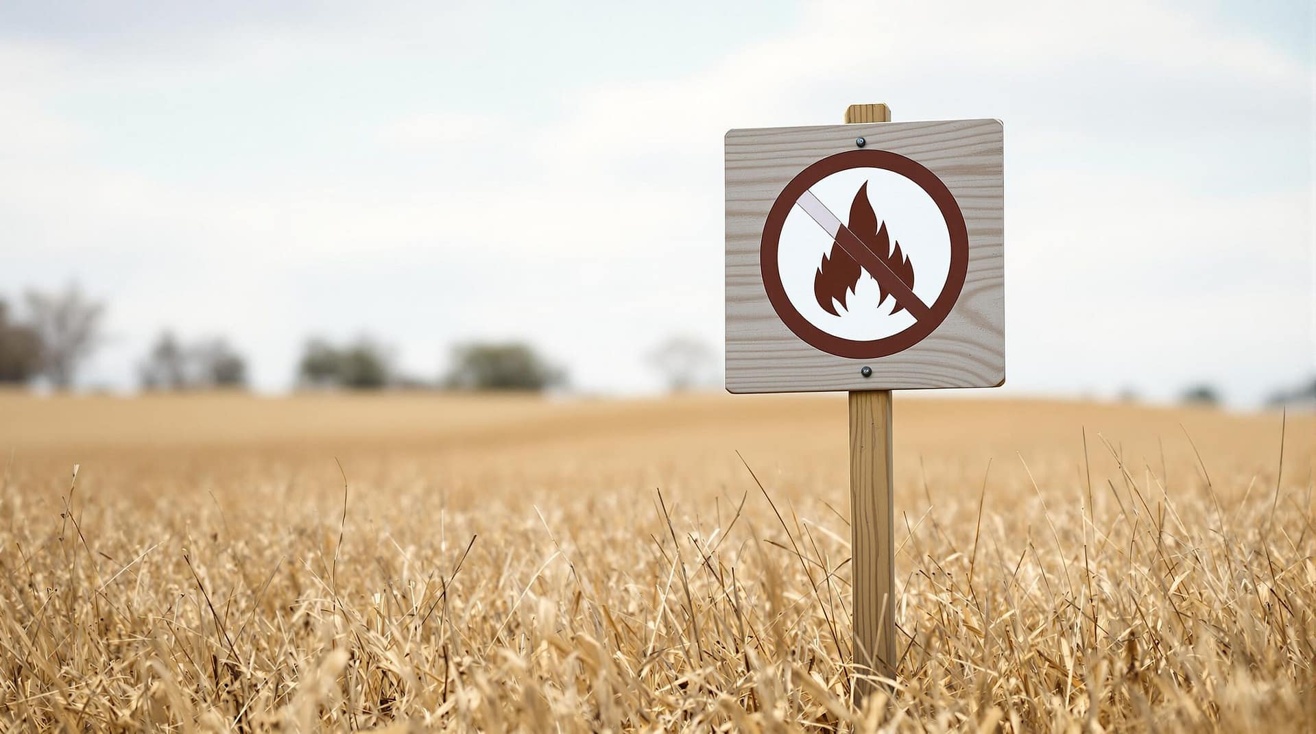 A dry grass field under a clear sky with a wooden sign displaying a no-fire symbol, indicating a burn ban, with an unrecognizable rural background.