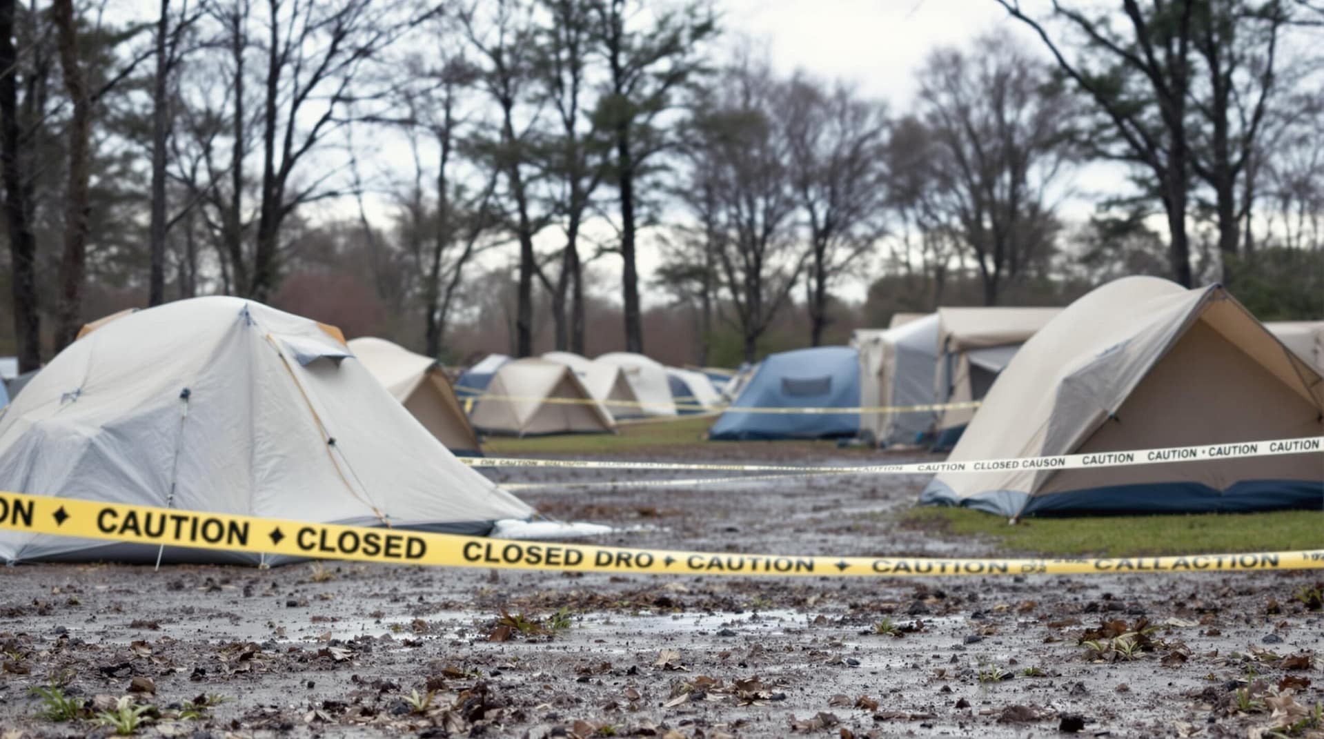 A generic campsite with several empty tents and caution tape suggesting closure, on a damp, overcast day. The ground appears muddy, hinting at possible sanitation issues. The background is nondescript, with no identifiable landmarks.