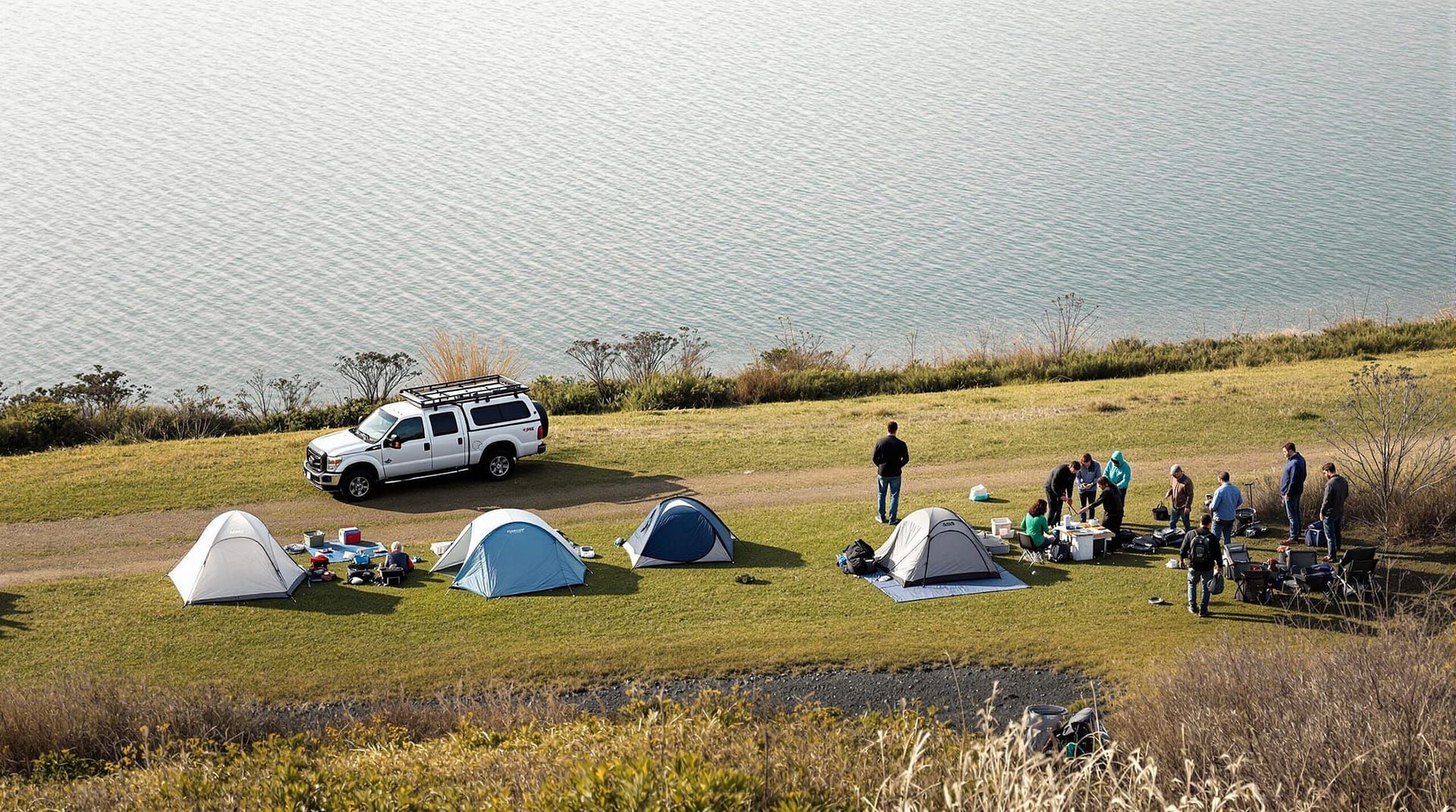 A scenic campsite by a calm body of water with tents and parked vehicles on grassy terrain, and people preparing fishing gear under soft natural light.
