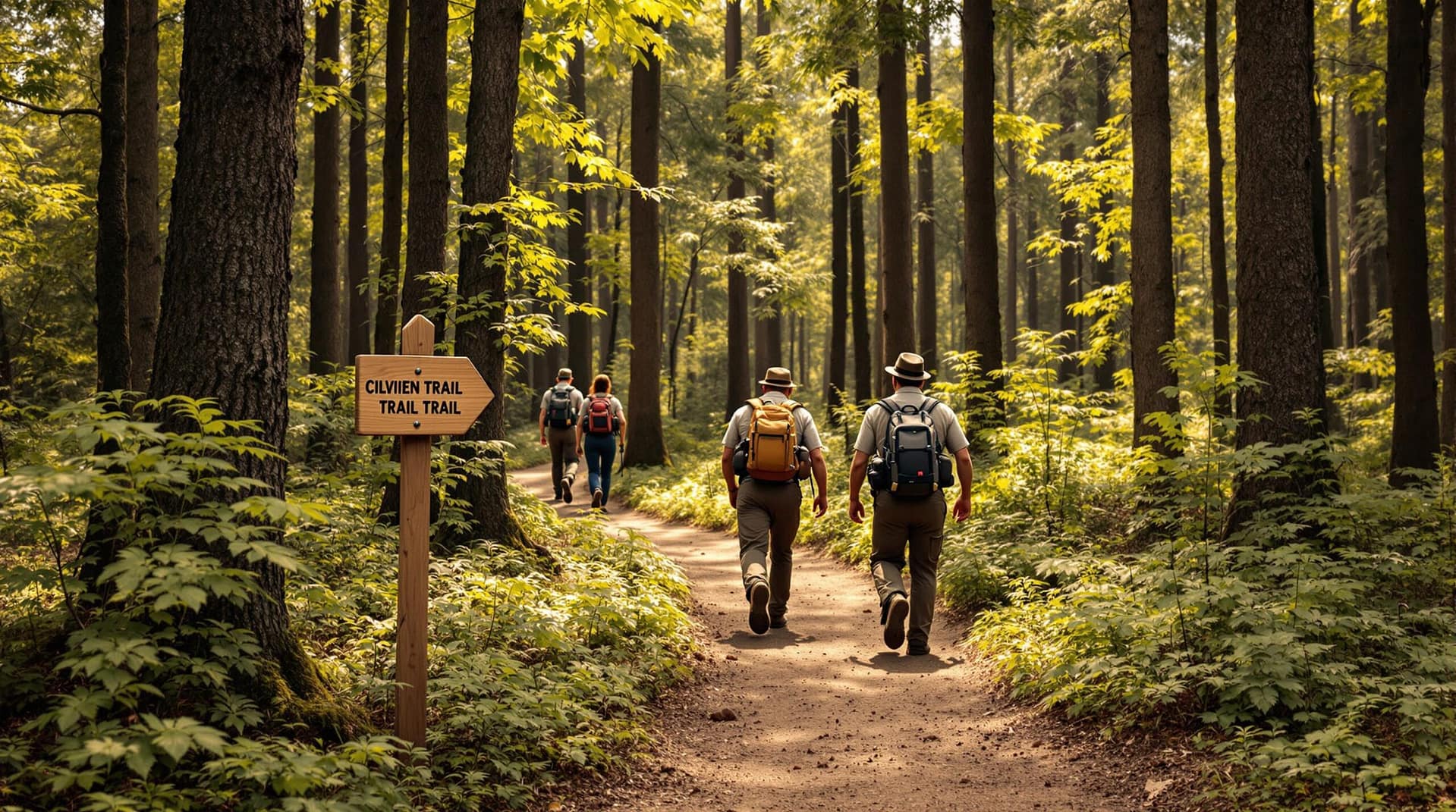 A group of hikers walking on a dirt trail in a lush, tree-lined forest, wearing vintage-inspired outdoor attire.