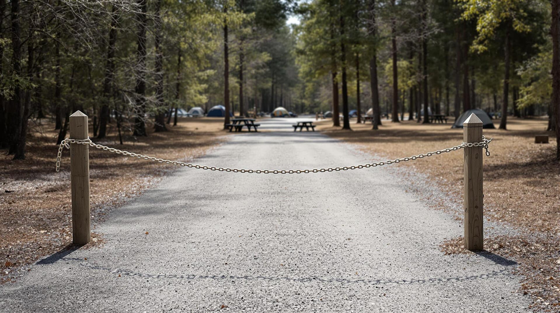 A deserted campsite entrance blocked by a chain, with an empty gravel road leading through a generic woodland setting under daylight, suggesting a closed outdoor area without identifiable landmarks.