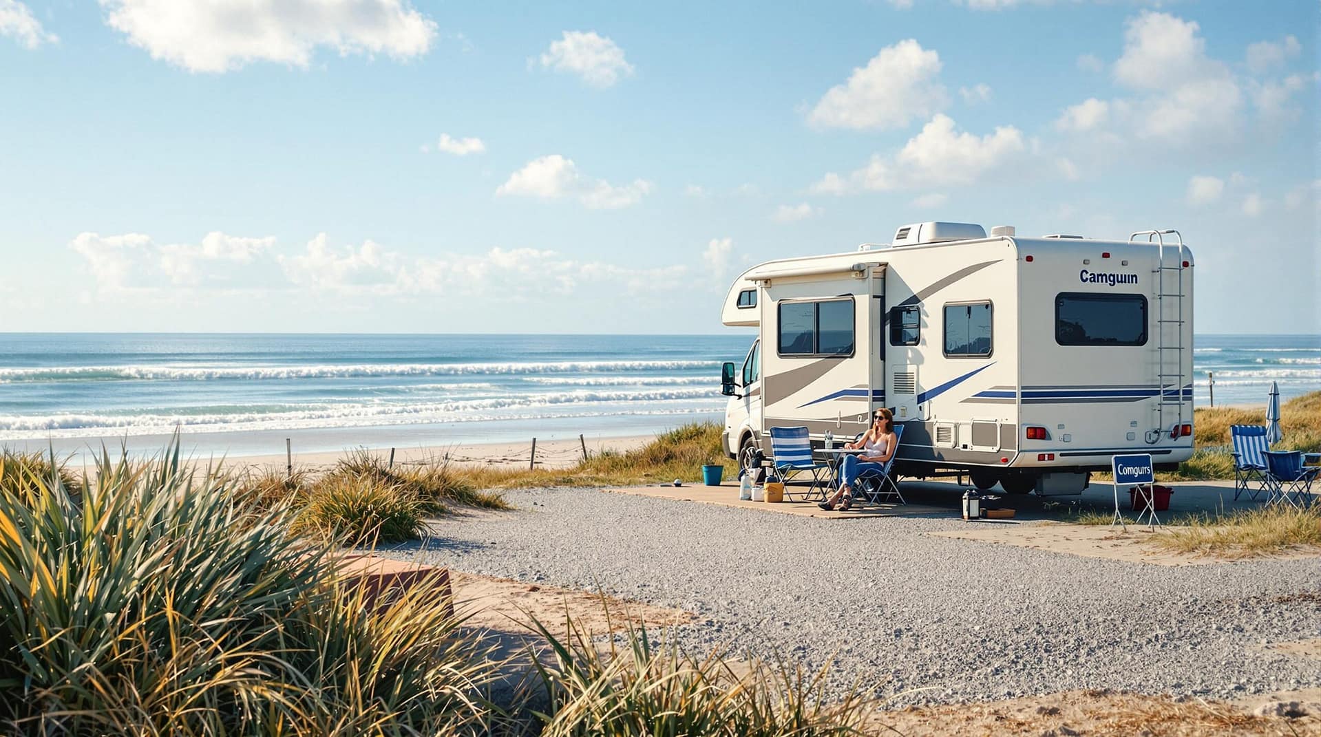 A coastal campground with a parked RV near a sandy beach, gentle waves in the background, and sparse beach grass under a clear blue sky.