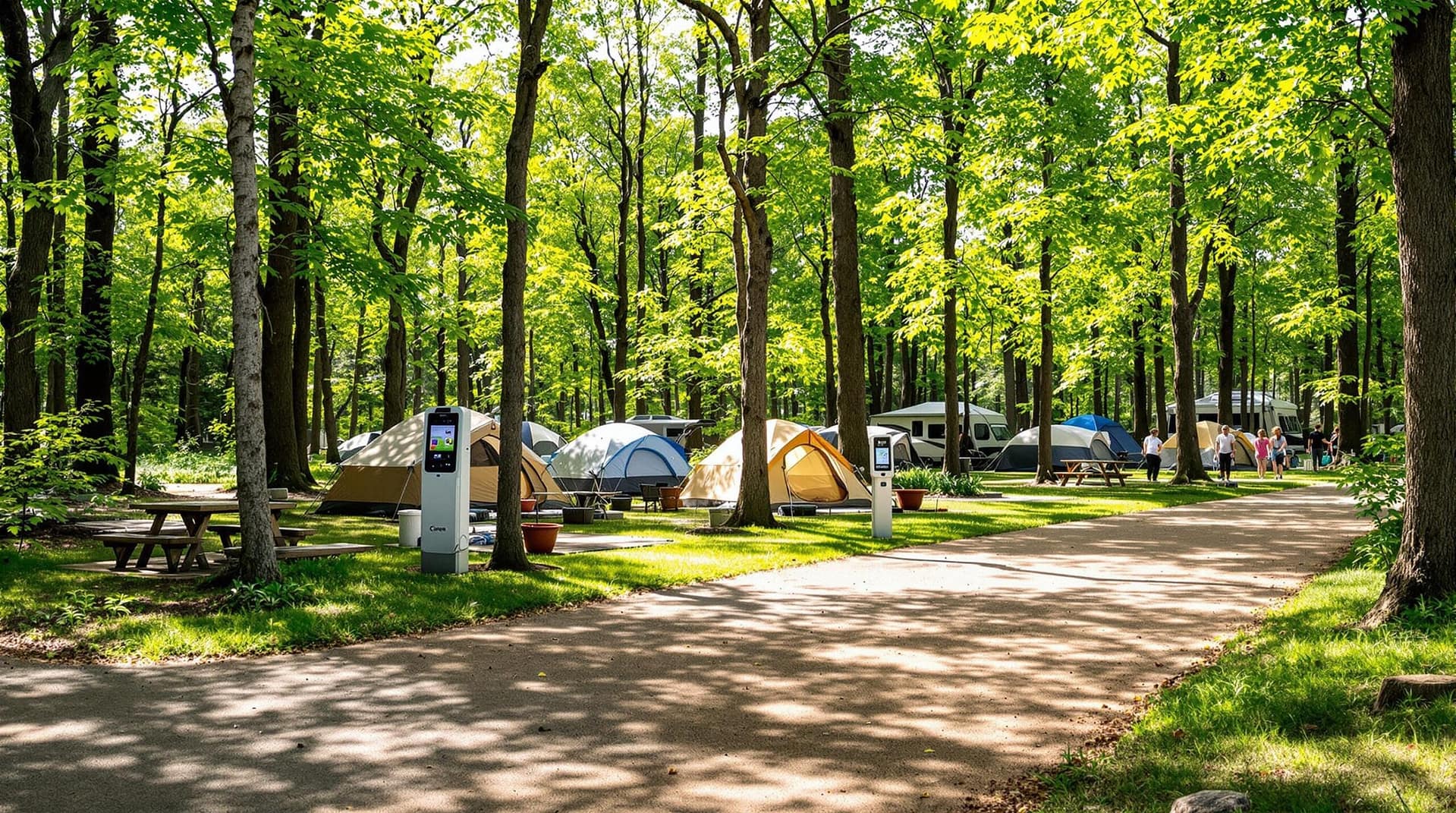 A scenic view of a campground surrounded by lush green trees, with several tents set up on well-maintained campsites, a few campers enjoying the spring weather, and a small digital pay station subtly positioned in the background.