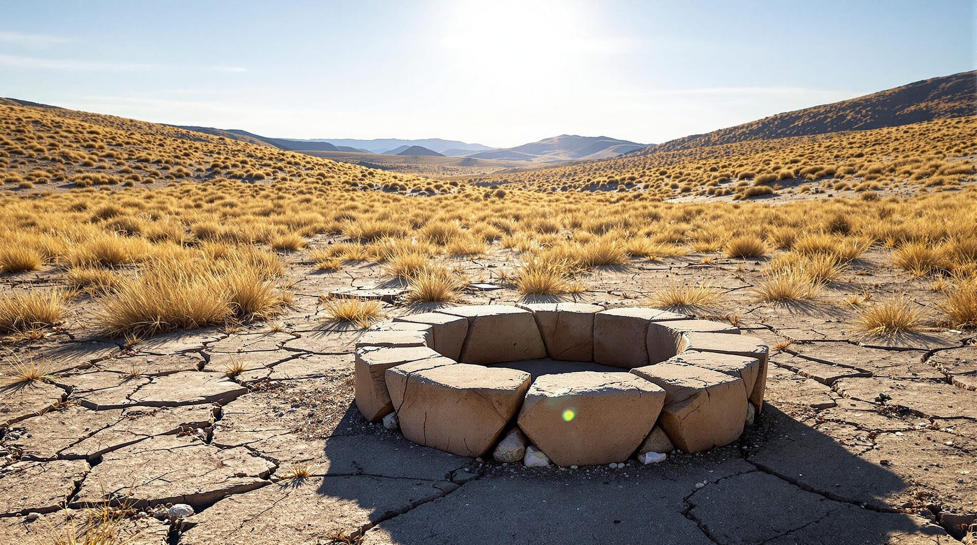 A dry landscape with sparse yellowish grass and a stone fire ring on cracked ground under a clear sky, illustrating fire caution in arid conditions.
