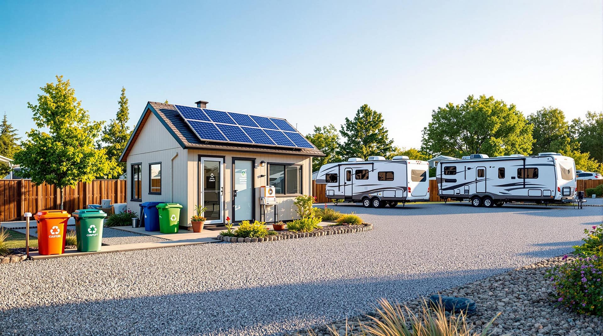 A stock photo of an RV park with solar panels, recycling bins, and a compost station, featuring RVs on a gravel lot and eco-friendly landscaping under natural daylight.