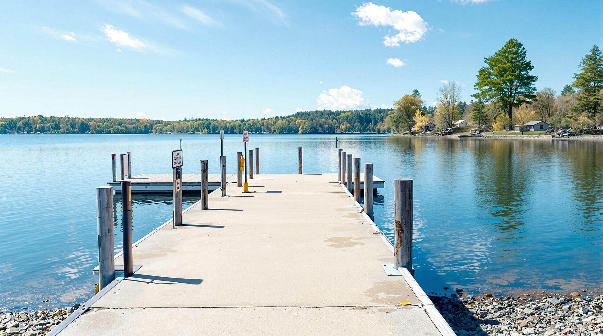 Empty lakeside campground with a deserted boat dock on a bright day.