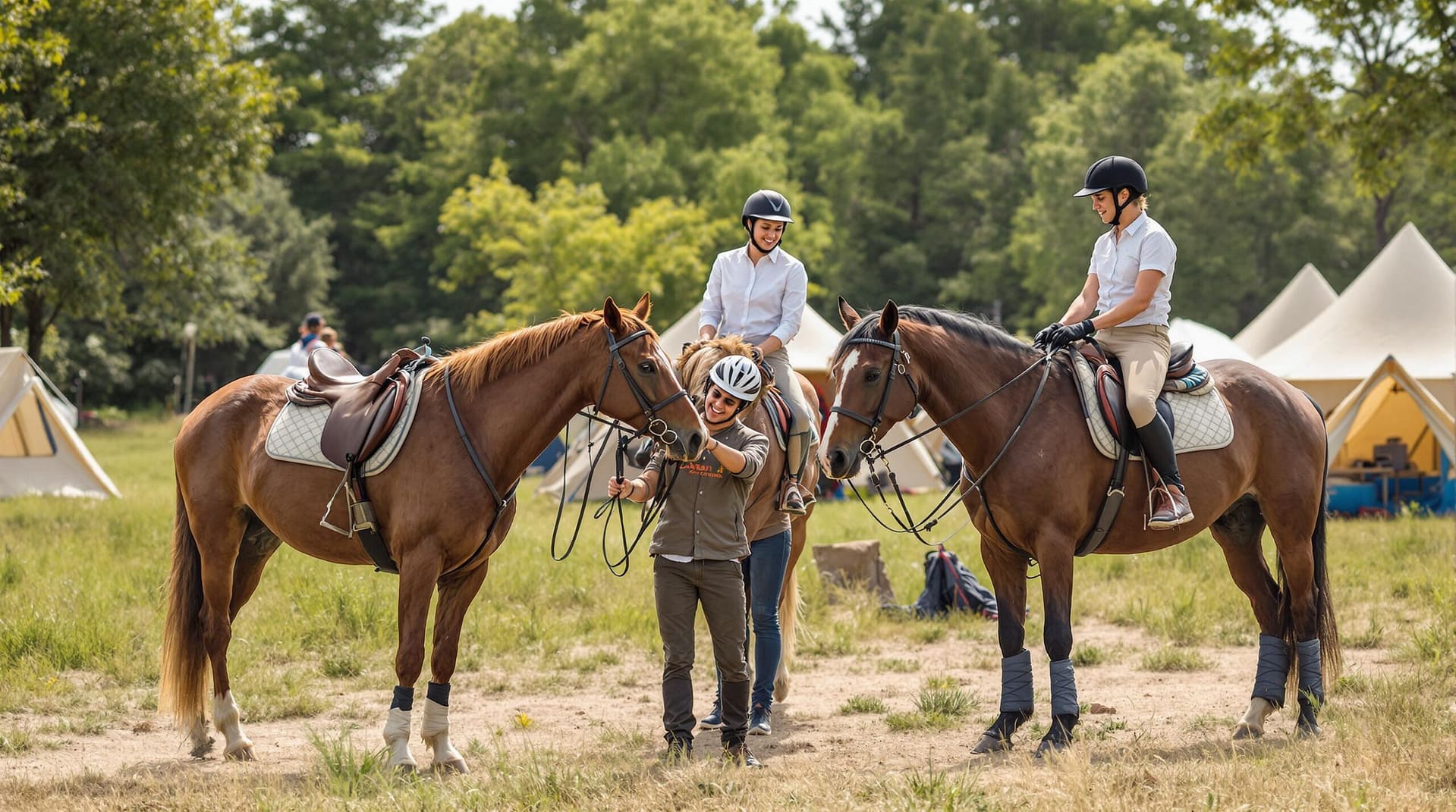 A group of adults in equestrian attire tending to and riding horses in a grassy clearing with tents in the background, under soft, natural lighting.