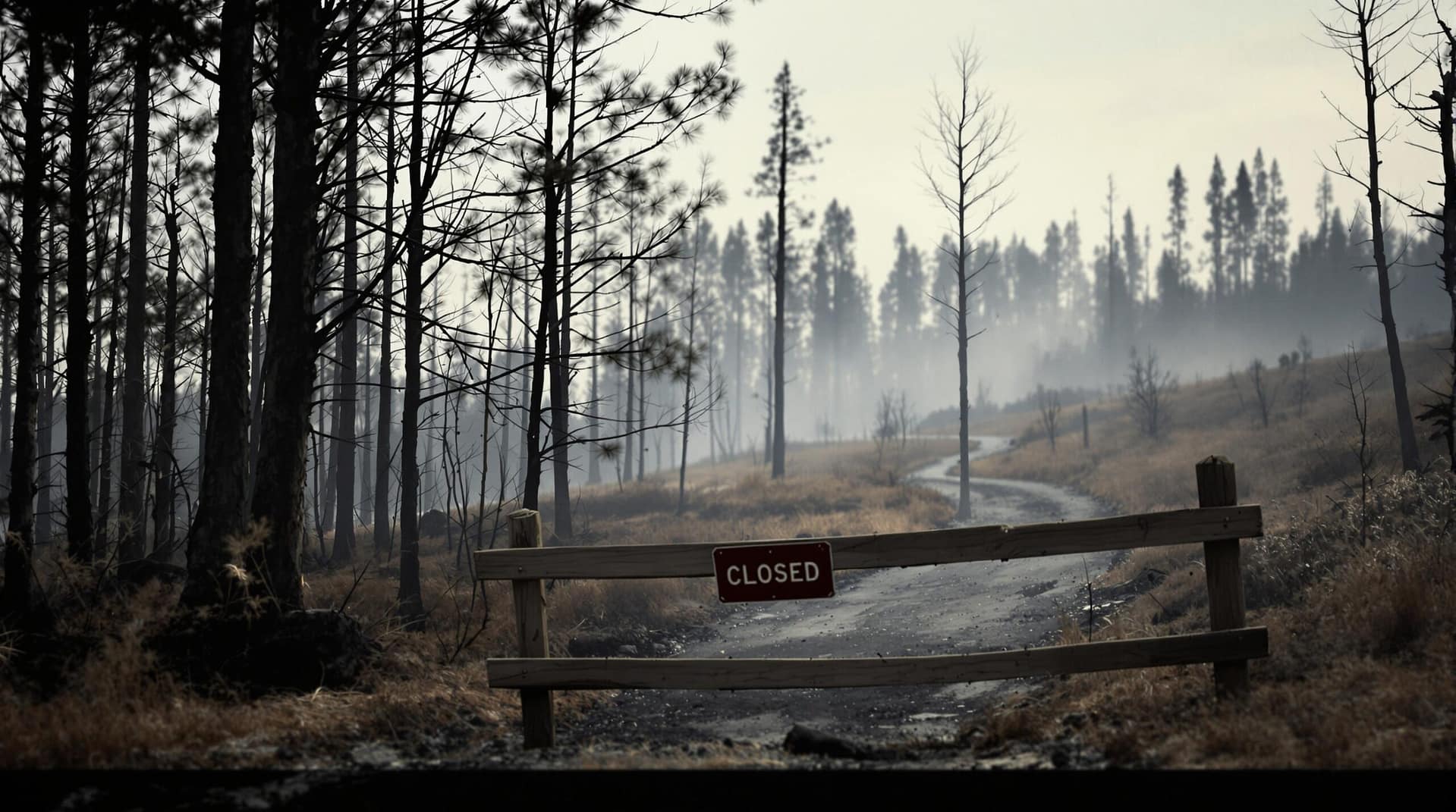 A forest edge with charred trees and light smoke filling the air, indicating recent fire damage. In the foreground, a simple wooden barrier suggests a closed area, with a hazy sky overhead creating a somber atmosphere.