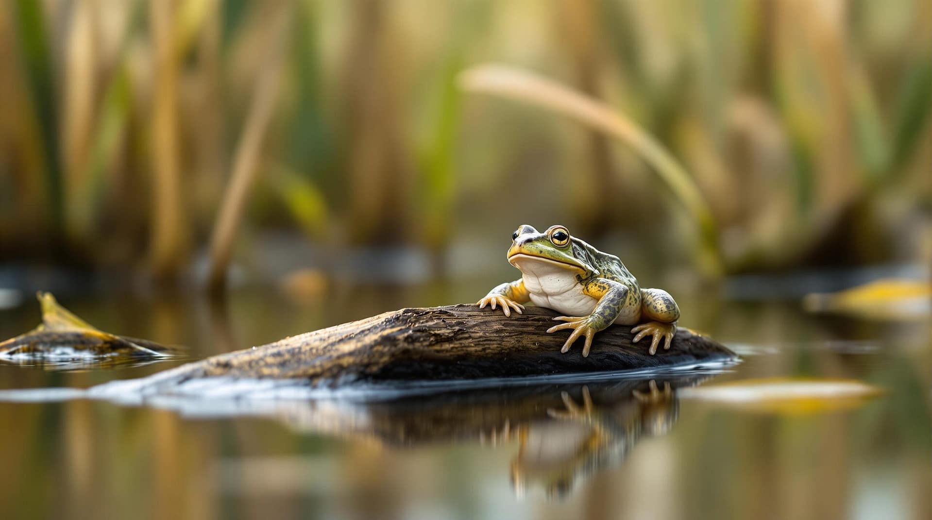 A small frog sitting on a partially submerged log in a wetland, with calm water reflections and soft-focus reeds in the background, captured in natural lighting.