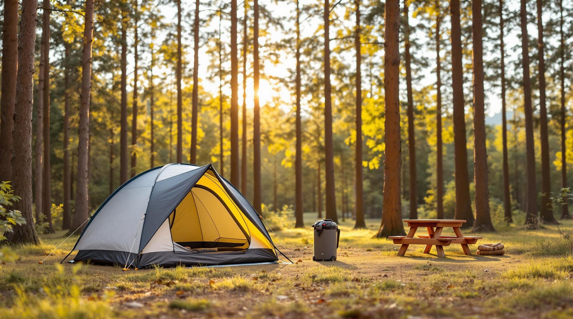 A realistic campsite in a forest clearing with a modern tent and picnic table under softly diffused light, surrounded by tall trees.